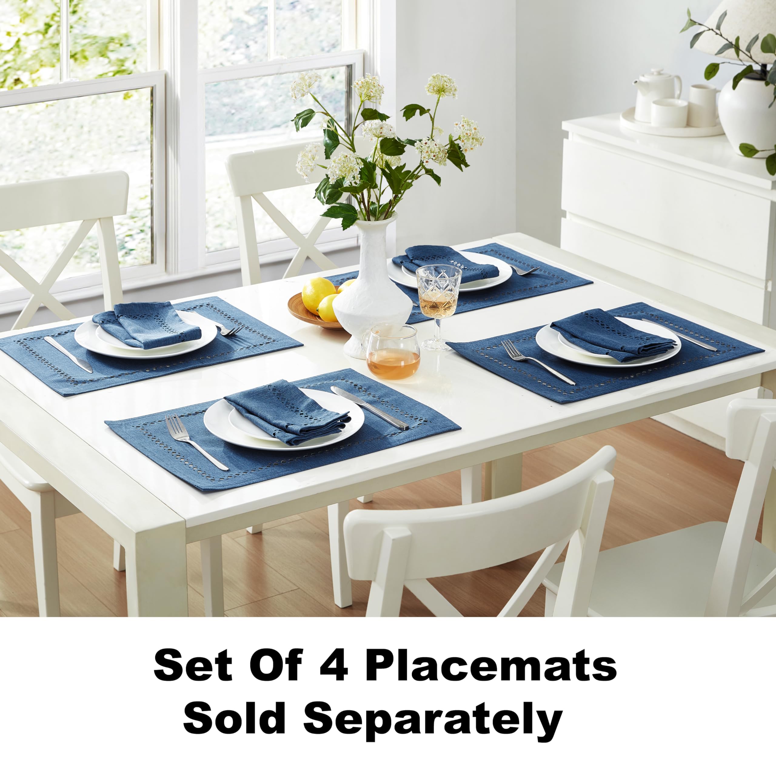Newbridge Rectangle Fabric Placemats, Set of 4 Placemats, Provence Lattice Cutwork Solid Color Textured, Water and Stain Resistant Easy Care, Denim Blue