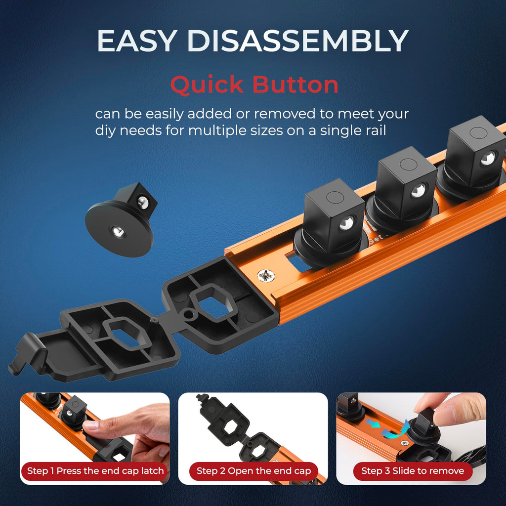 Reniteco Magnetic Socket Organizer Set, 3-Piece 1/2" 3/8" 1/4" Drive Aluminum Alloy Socket Holder with 40PC 360° Swivel Removable Clips, Magnetic Socket Rail for Tool Box Drawer, Black