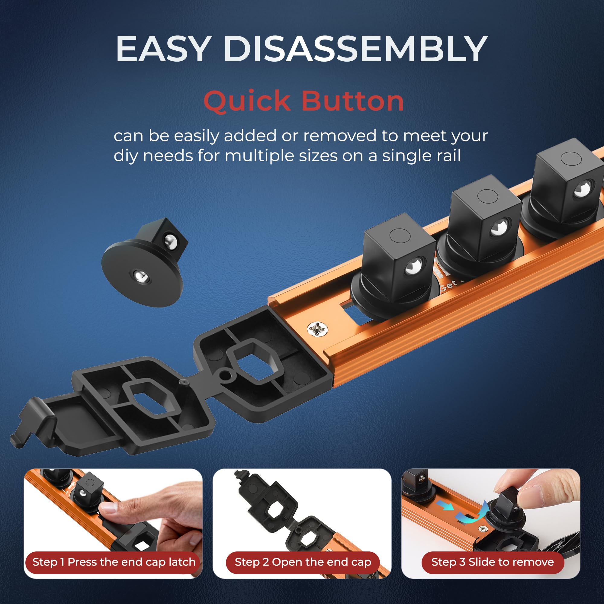 Reniteco Magnetic Socket Organizer Set, 3-Piece 1/2" 3/8" 1/4" Drive Aluminum Alloy Socket Holder with 40PC 360° Swivel Removable Clips, Magnetic Socket Rail for Tool Box Drawer, Black