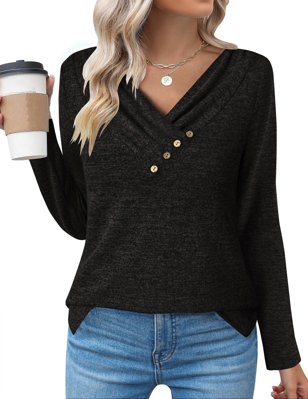 Zeagoo Women's Casual Tunic Tops Long Sleeve Shirts for Leggings V Neck Button Fall Pullover Blouse Loose Sweatshirts