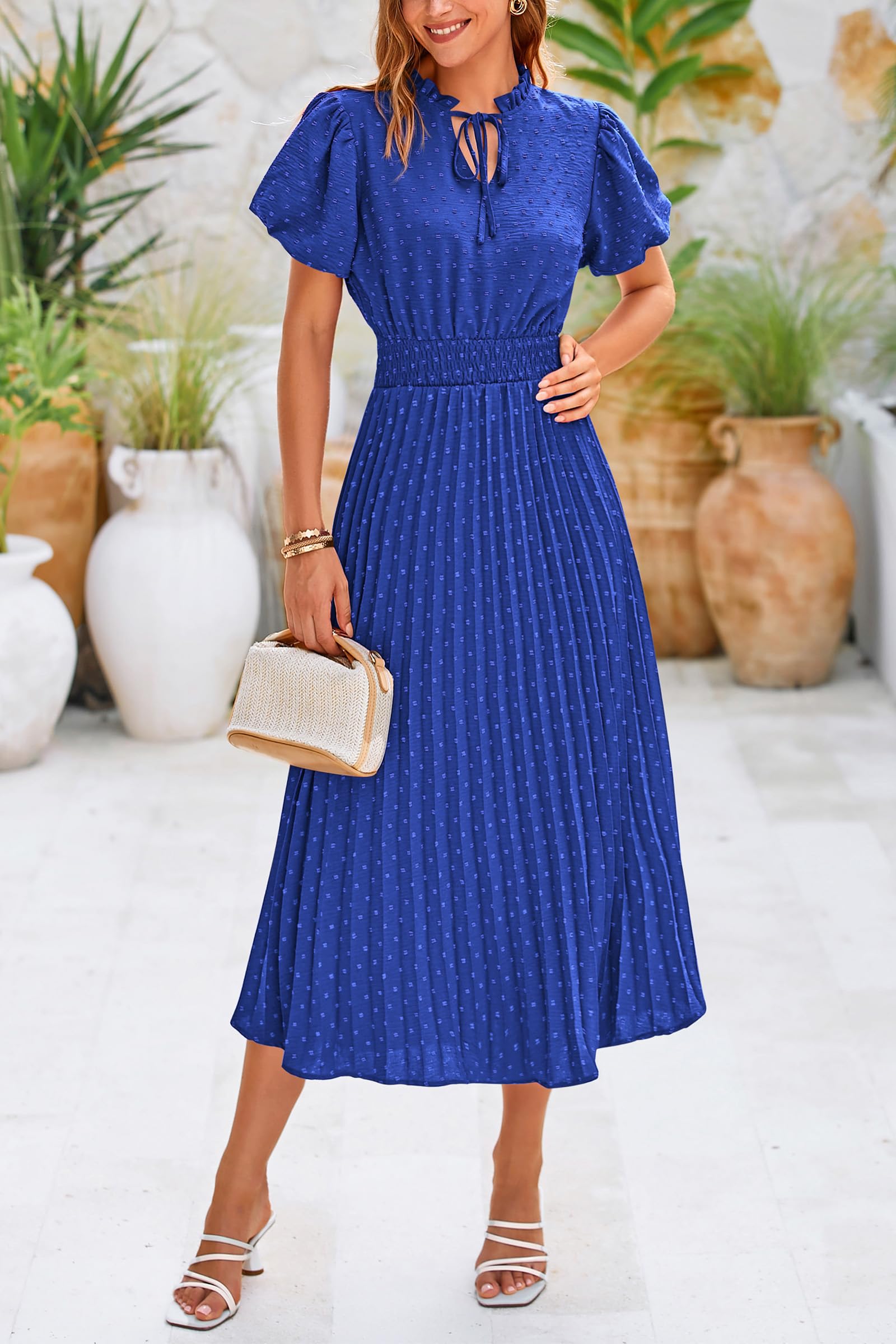 PRETTYGARDEN Womens Summer Midi Dresses Puff Short Sleeve V Neck Swiss Dot Pleated A Line Flowy Long Wedding Guest Dress