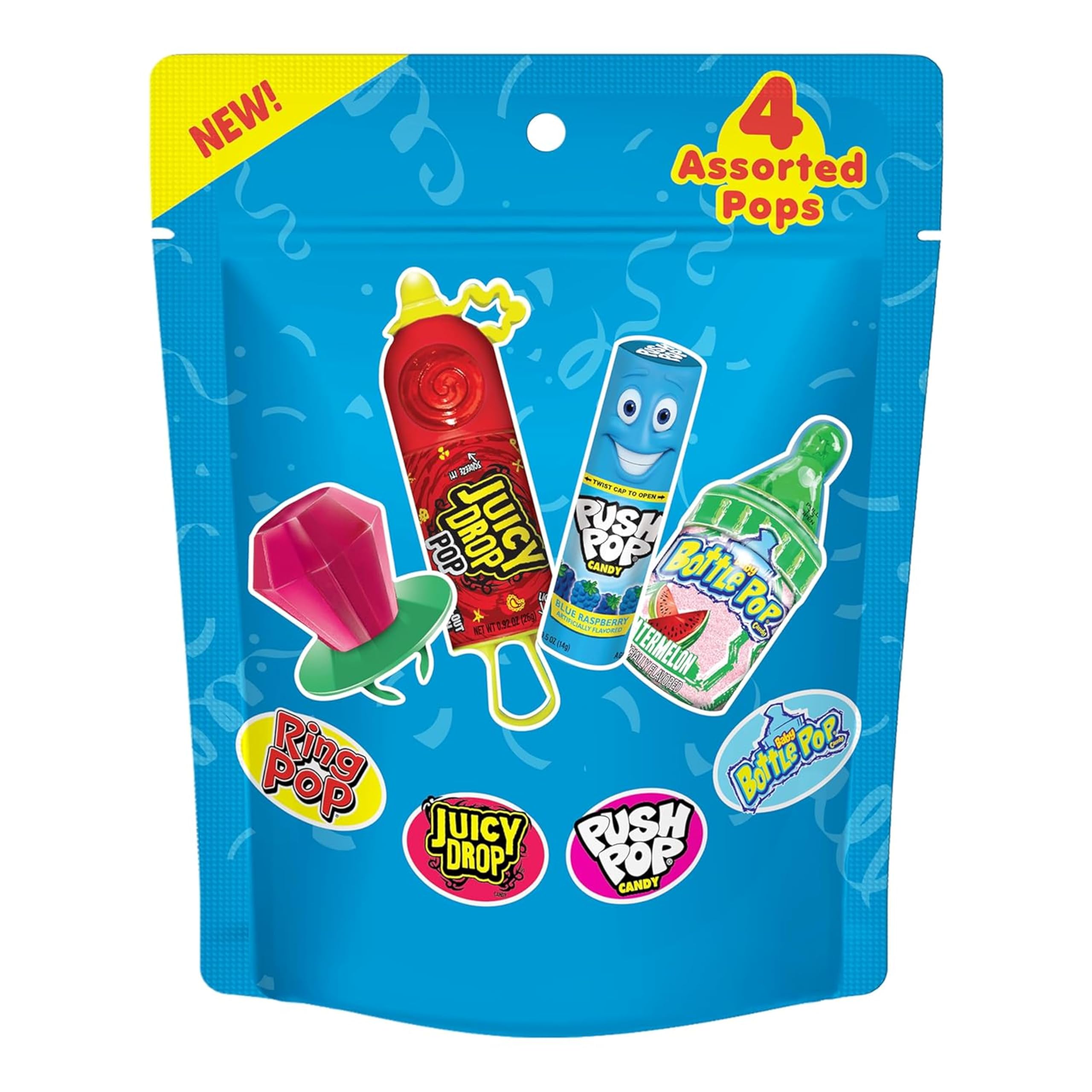 Assorted Candy Variety Pack 4 Count Lollipops - Ring Pop, Push Pop, Baby Bottle Pop & Juicy Drop - Ideal for Kids Party Favors, Party Favor Bags by Bazooka Brands