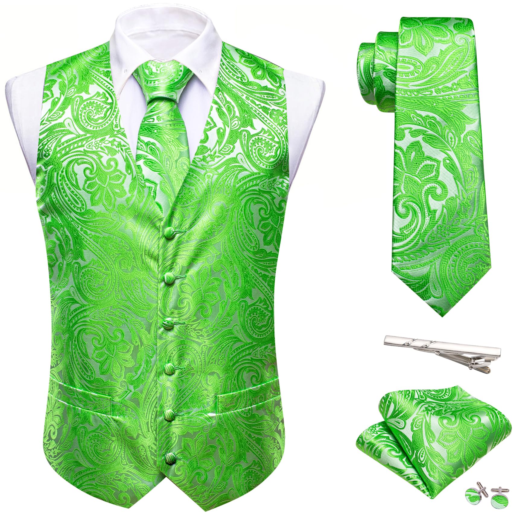 Barry.Wang Men's Suit Vest Formal/Leisure Paisley Jacquard Silk Tie Pocket Square Waistcoat Set Wedding 5PCS