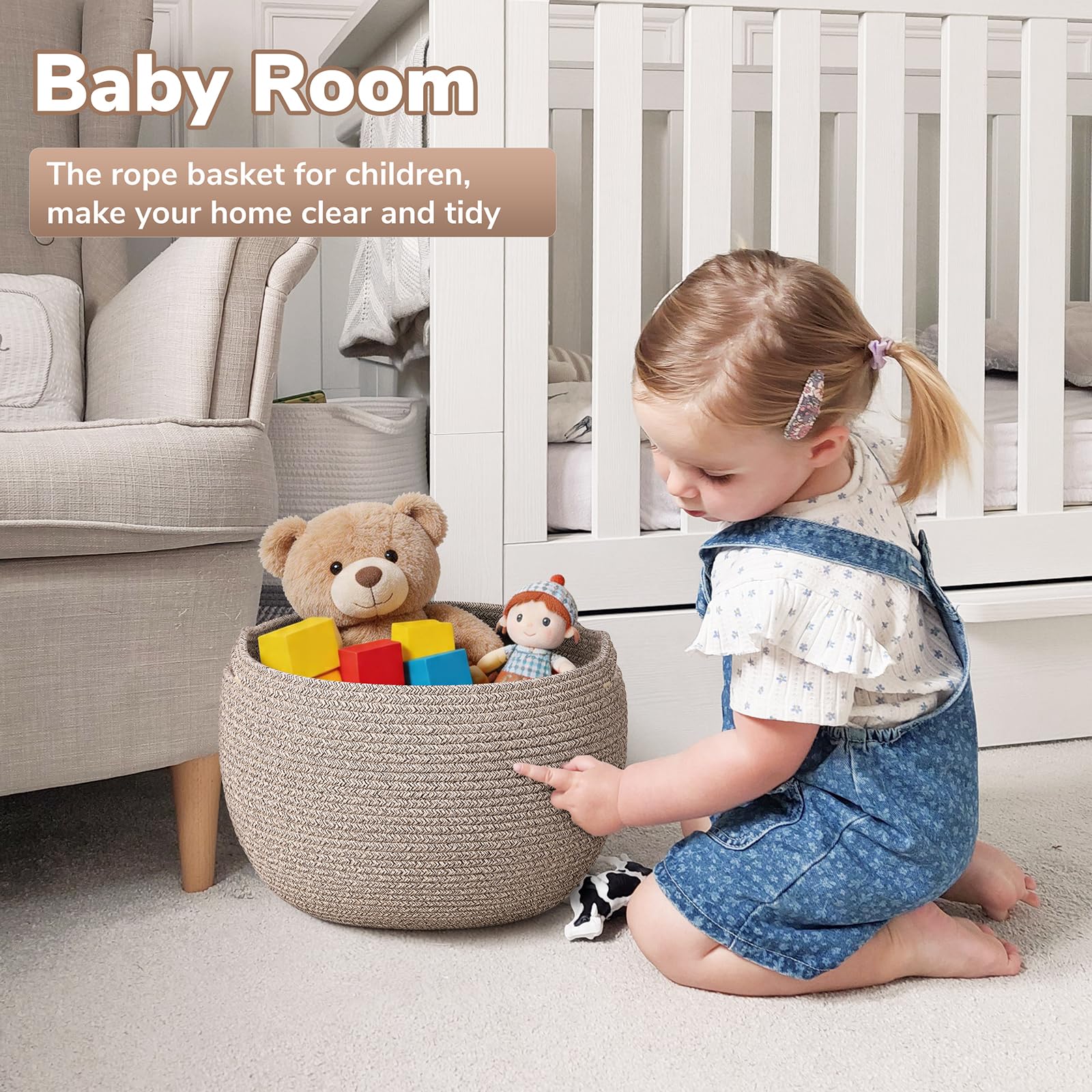 Goodpick Small Rope Storage Basket, Black Round Baskets for Socks, Dog Toys, Towels, Cute Baby Basket for Living Room, Bedroom, Nursery, Towel Baskets for Bathroom, 10 x 8.3 inches