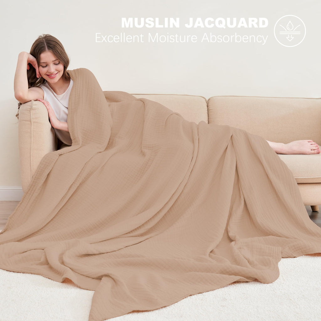 Cosy Family 4 Layer Muslin Bed Blanket - Breathable and Lightweight Gauze Boho Blanket for Spring, Soft 100% Cotton Muslin Blanket, Brown, 55x80 Inches