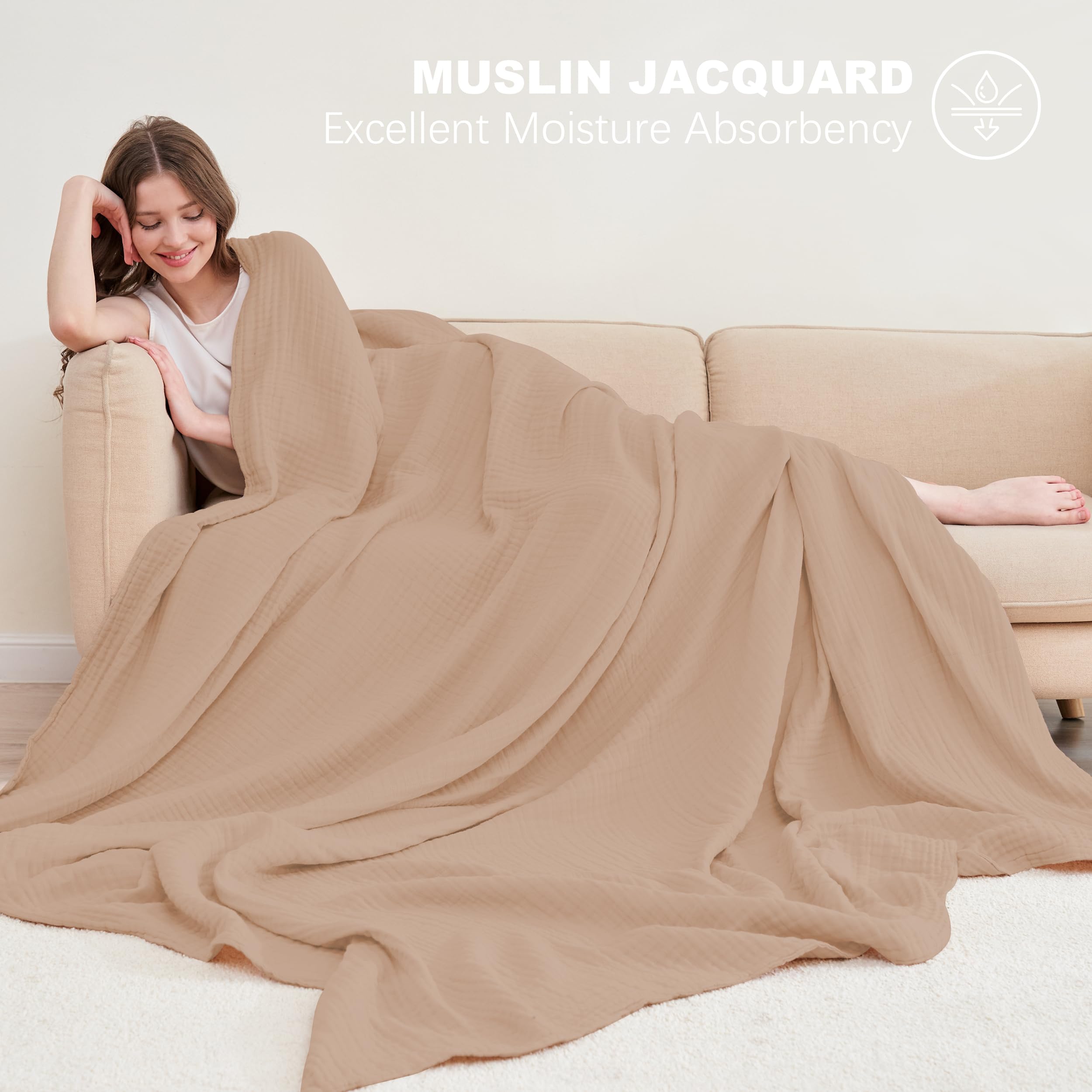 Cosy Family 4 Layer Muslin Bed Blanket - Breathable and Lightweight Gauze Boho Blanket for Spring, Soft 100% Cotton Muslin Blanket, Brown, 55x80 Inches