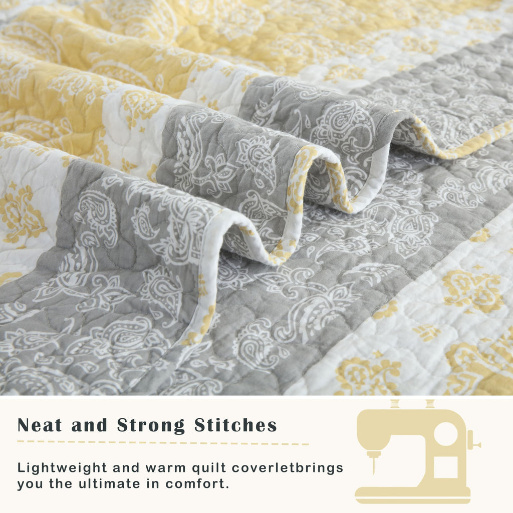 Yellow Quilts Queen Size, Paisley Comforter Set Queen Cotton Bed, Yellow Grey White Comforter, Striped Bedding Queen Size, Lightweight Luxury Bedspread,3 Piece