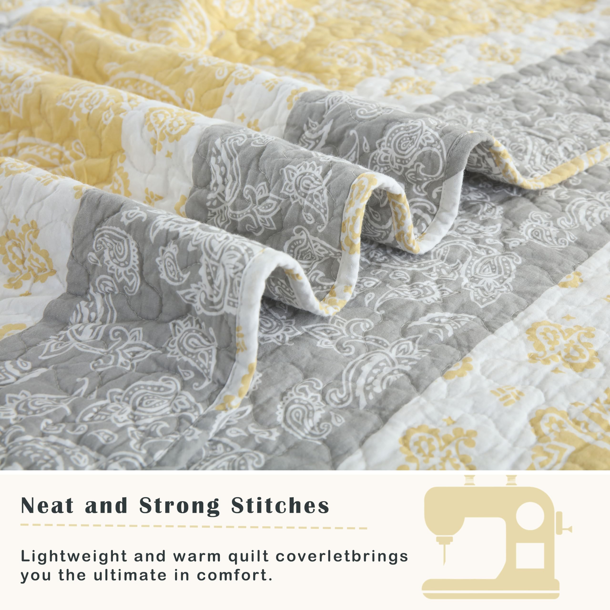 Yellow Quilts Queen Size, Paisley Comforter Set Queen Cotton Bed, Yellow Grey White Comforter, Striped Bedding Queen Size, Lightweight Luxury Bedspread,3 Piece
