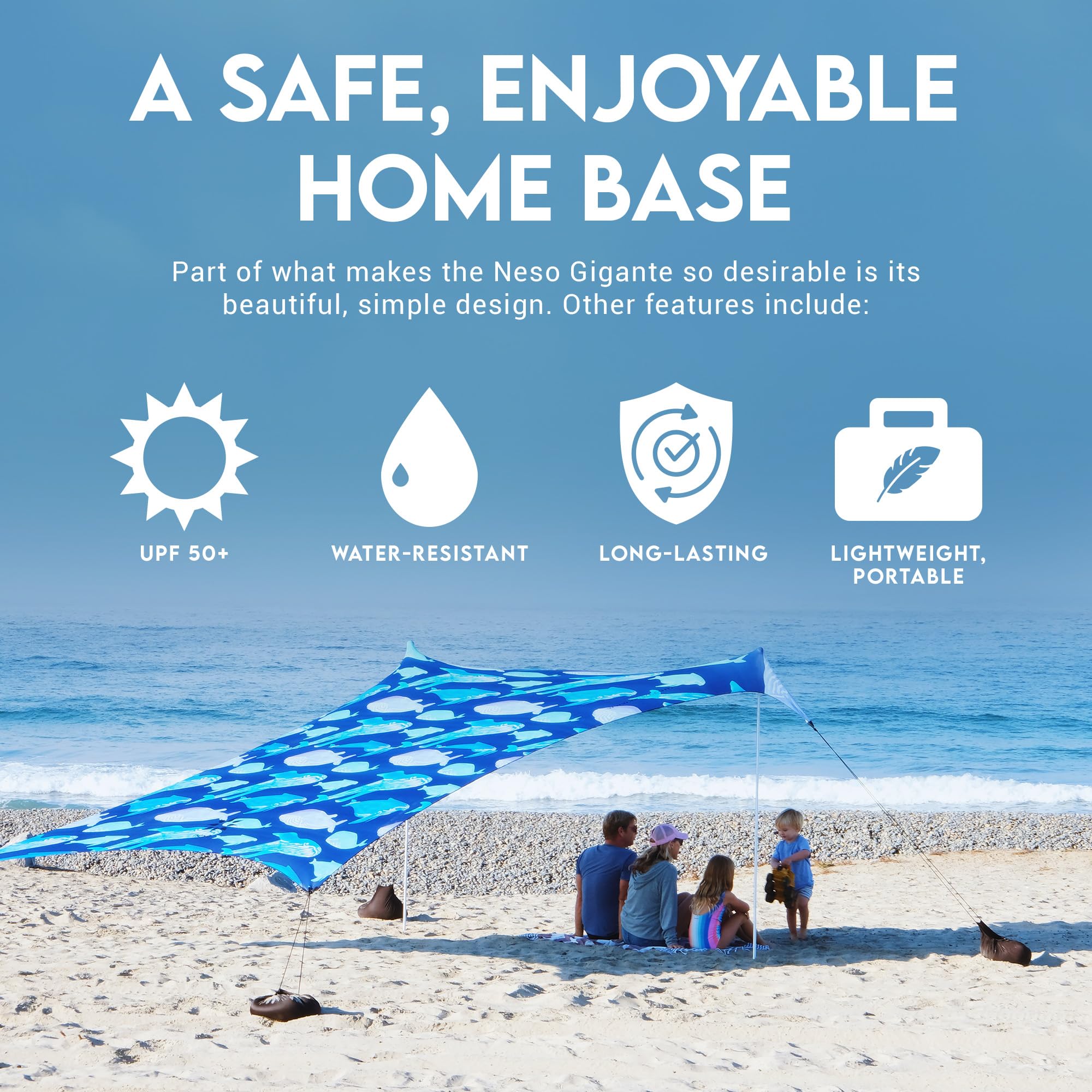 Neso Gigante Portable Beach Tent Sun Shelter - Lightweight Beach Shade Canopy - Easy Setup for Family Outings - Patented Reinforced Corners - UPF 50+ - 8ft Tall, 11 x 11ft - Save The Whales