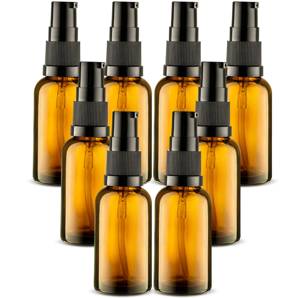 VitalUp Empty Refillable Glass Amber Pump Bottle Ideal for Lotion Cream Essential Oil Travel Small Container - 2 Pack (50ml)