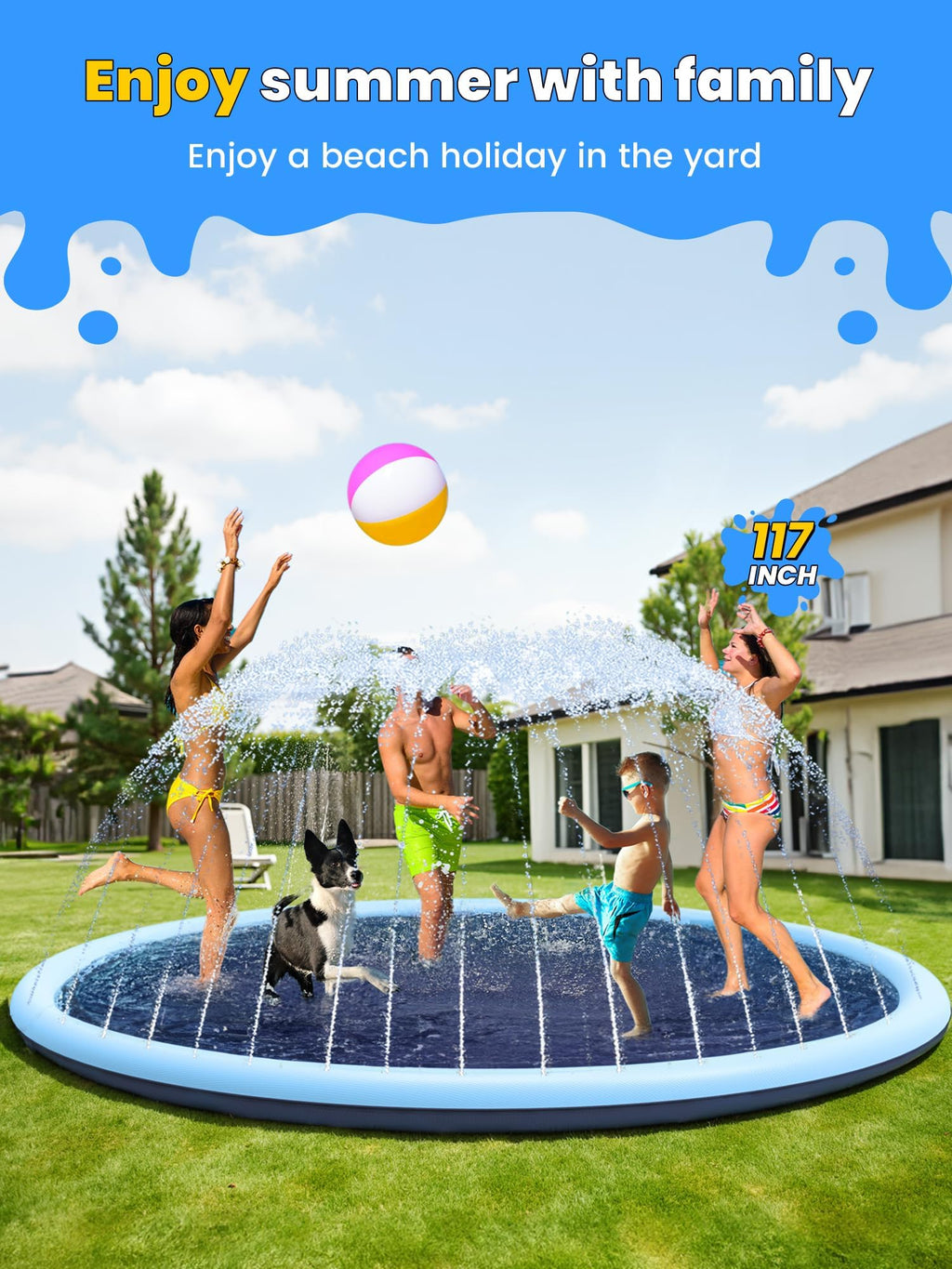 VISTOP 67" Non-Slip Splash Pad for Kids and Dogs, Thickened Sprinkler Pool for Toddlers, Outdoor Backyard Water Toys, Fun Fountain Play Mat for Babies, Children & Pets Blue