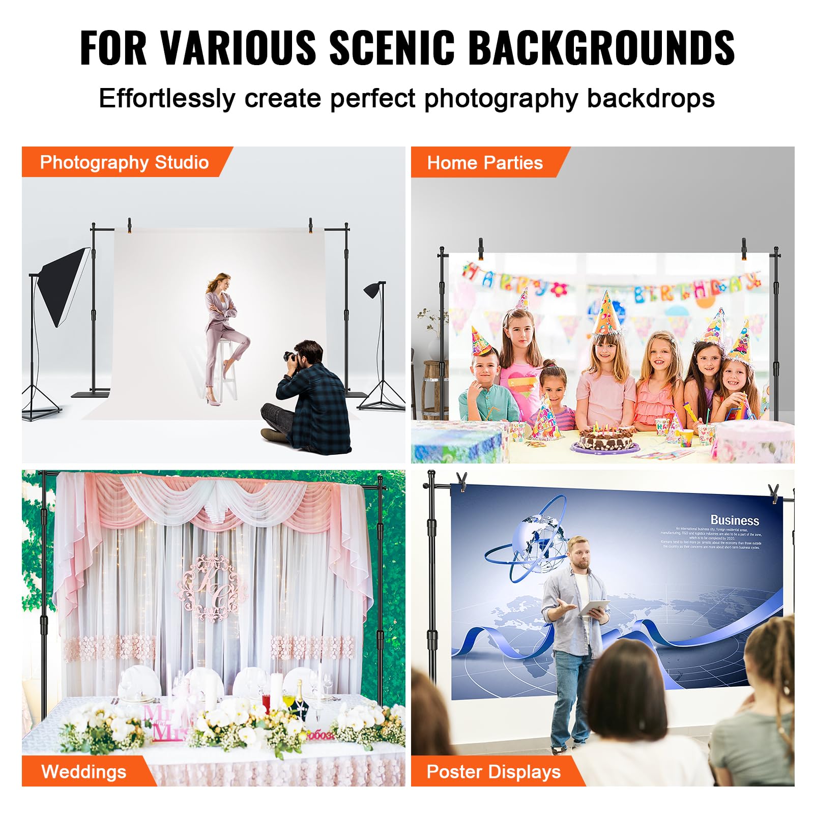 VEVOR Backdrop Stand, 5 x 6.5 ft Adjustable Photo Backdrop Stand Kit, Portable Background Backdrop Stand with 3 Crossbars, Heavy Duty Projector Screen Stand, for Wedding, Photo Video Studio & Party