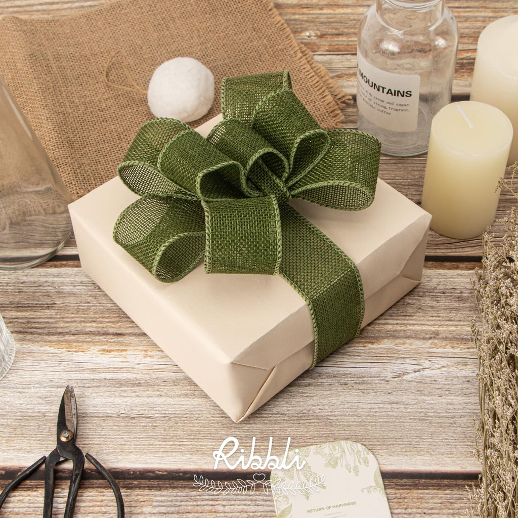 Ribbli Cinta con alambre de arpillera verde manzana, 1-1/2 pulgadas x 10 yardas, cinta con borde con alambre para lazo grande, corona, decoración de árbol, decoración al aire libre