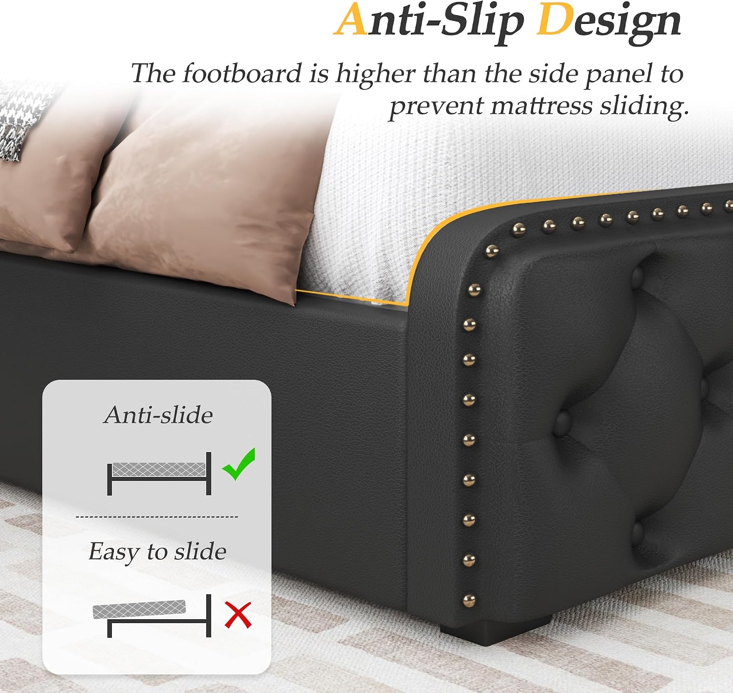 Lifezone Queen Bed Frame with Headboard Faux Leather Upholstered Metal Queen Bed Frame with 4 Storage Drawers, Adjustable Headboard/All-Metal Support/No Box Spring Needed/Easy Assembly, Black