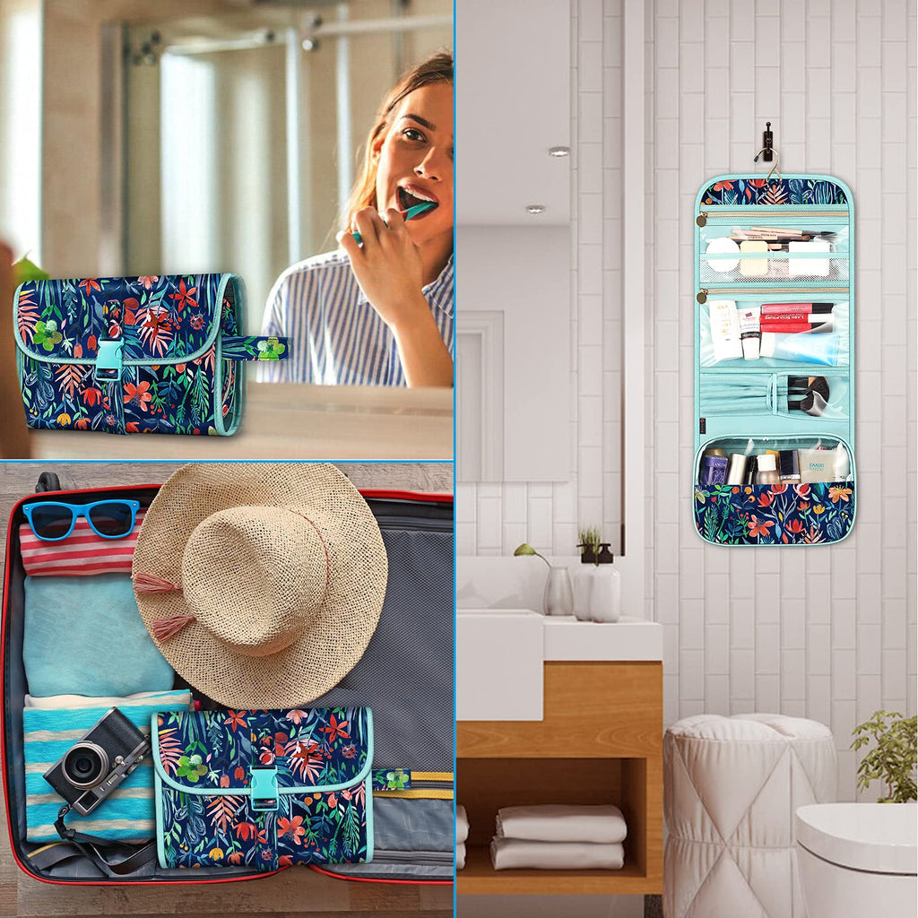 FINTIE Portable Toiletry Cosmetic Travel Bag, Large Water Resistant Hanging Makeup Organizer Storage Pouch Case for Women Girls (Blooming Hibiscus)