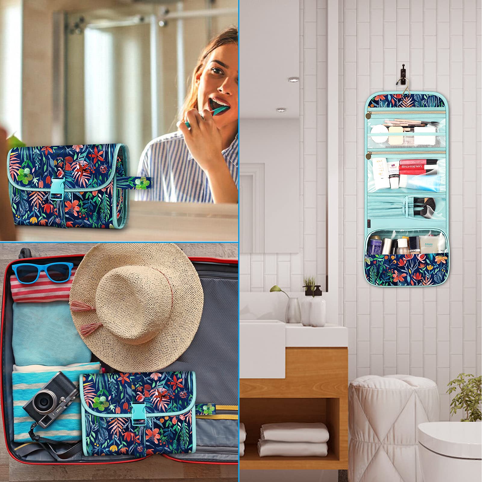 FINTIE Portable Toiletry Cosmetic Travel Bag, Large Water Resistant Hanging Makeup Organizer Storage Pouch Case for Women Girls (Blooming Hibiscus)