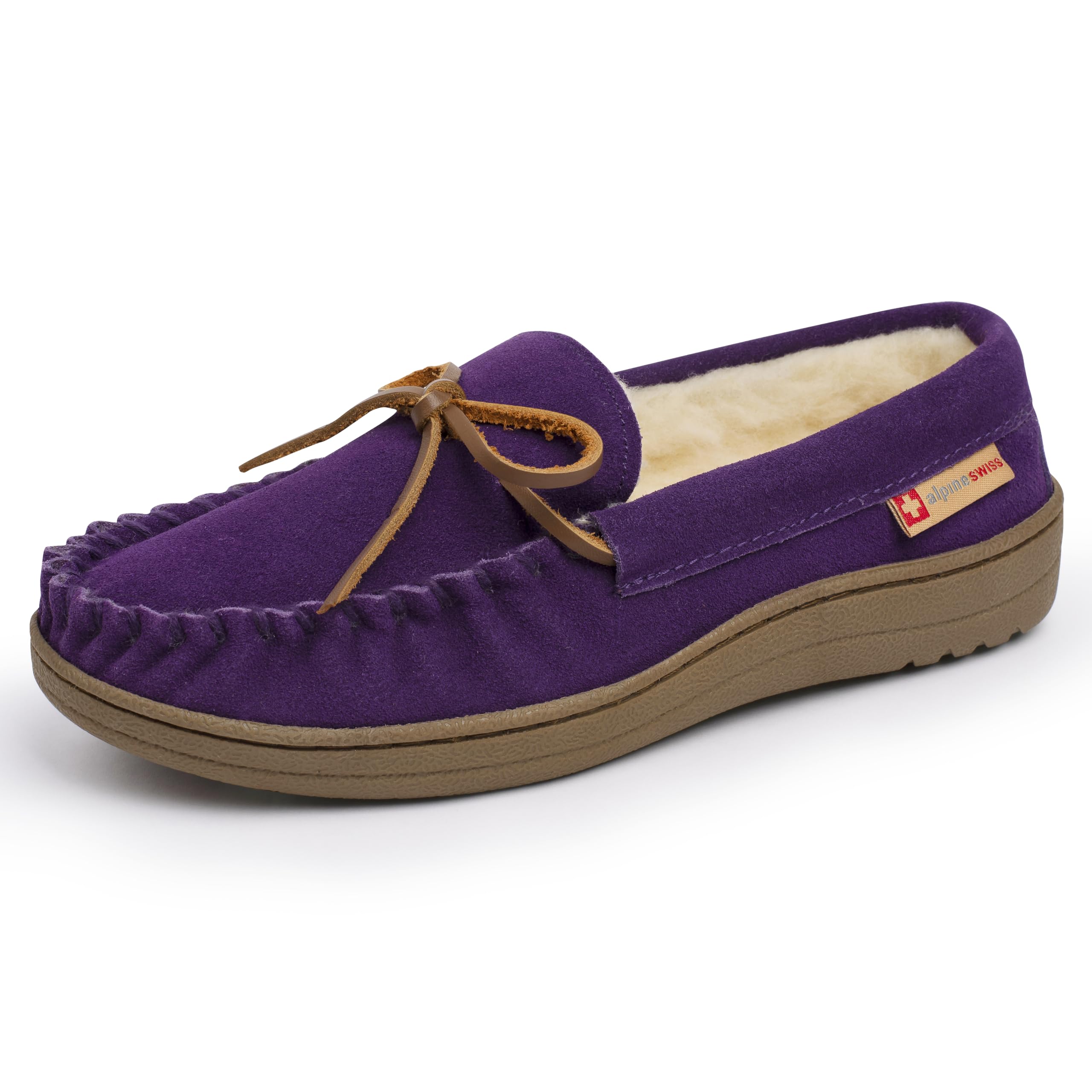 Alpine Swiss Sabine Womens Moccasin Slippers Genuine Suede House Shoe Memory Foam Insole Plush Faux Shearling Fur Indoor Outdoor Anti-Slip Rubber Sole