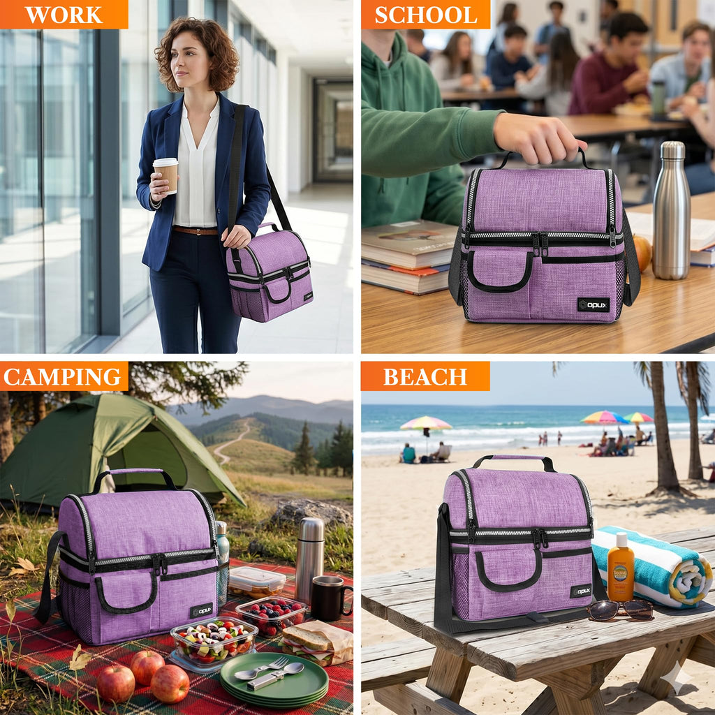 opux Insulated Lunch Bag Women Men, Dual Compartment Leakproof Lunch Box Adults Kids, Double Decker Meal Prep Bento Lunch Cooler Tote with Shoulder Strap for Work Office School Travel, Black