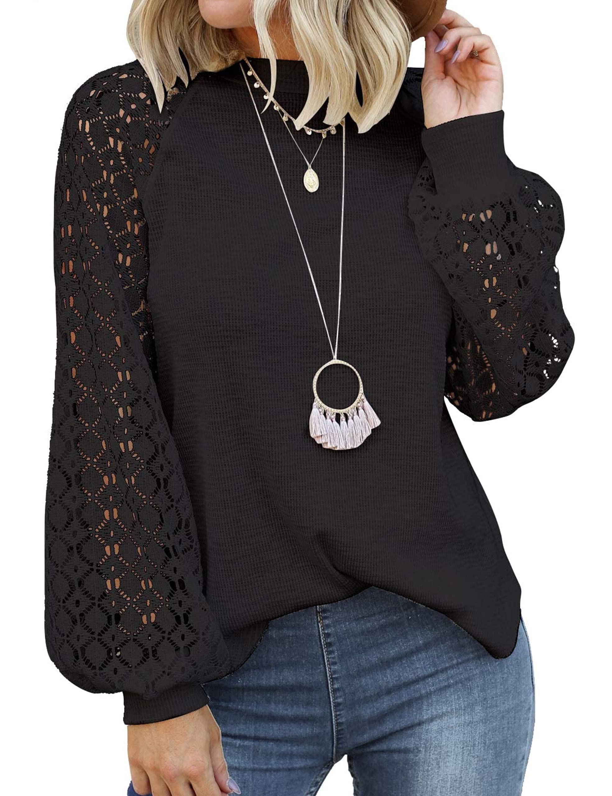 MIHOLL Women's Long Sleeve Tops Lace Casual Loose Blouses Shirts Dressy Outfits