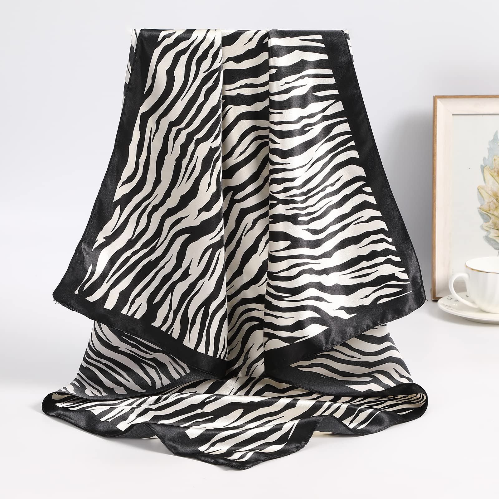 AWAYTR 35” Large Satin Square Head Scarf - 2Pcs Silk Like Floral Head Scarves Square Satin Hair Scarf Bandanas for Women