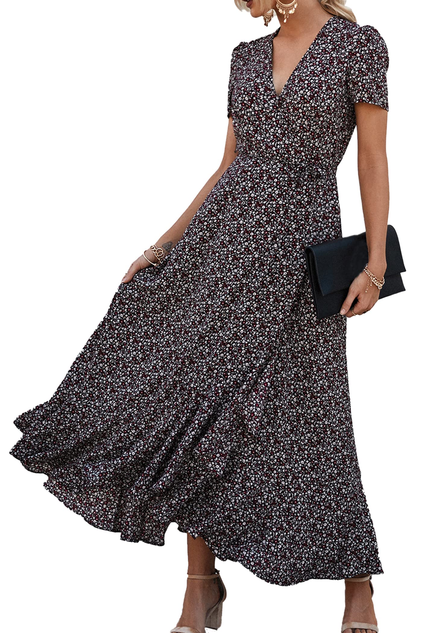 PRETTYGARDEN Women's Boho Floral Maxi Dress Summer Short Sleeve Wrap V Neck Long Flowy Beach Vacation Wedding Guest Dresses