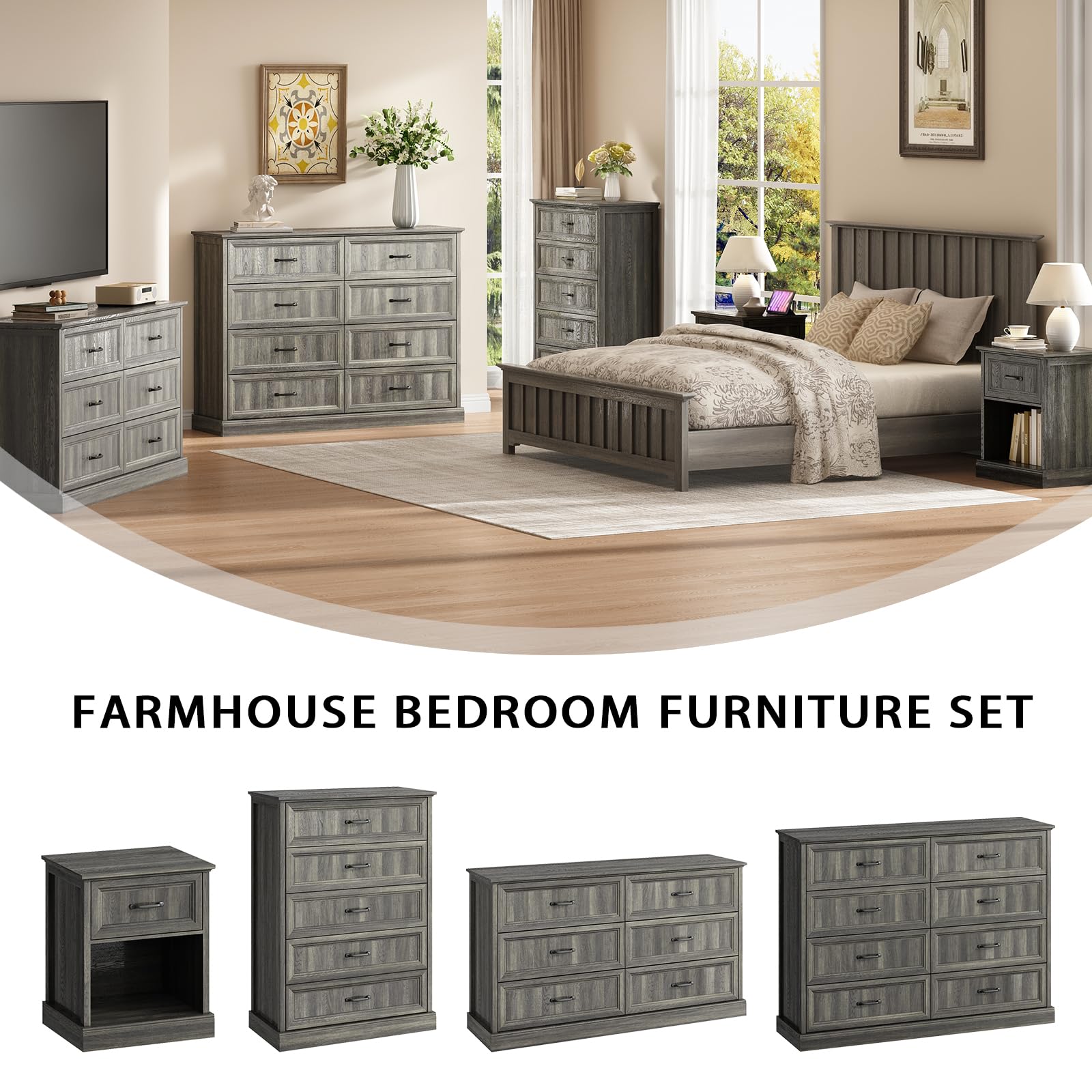 Farmhouse 5 Drawers Dresser for Bedroom, 44" Tall Brown dresser Wood Rustic Chest of Drawers with Wide Metal Handle,Natural Texture,Drawer Organizer for Bedroom,Living Room,Hallway and Entryway