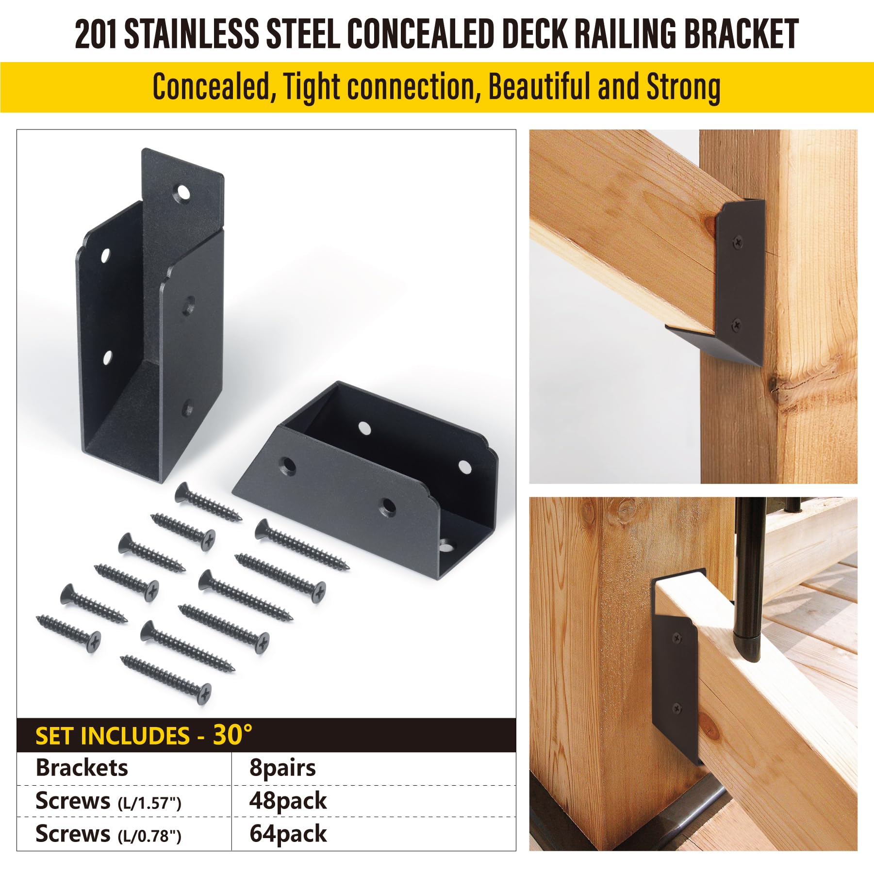 AECXM 201 Stainless Steel 2" x 4" (1 ½" x 3 ½" Actual) Deck Railing 27.5° Stair Connectors, for Deck Railing Stair Handrail Connection Installation Deck Railing Bracket (4 Pair-Black)