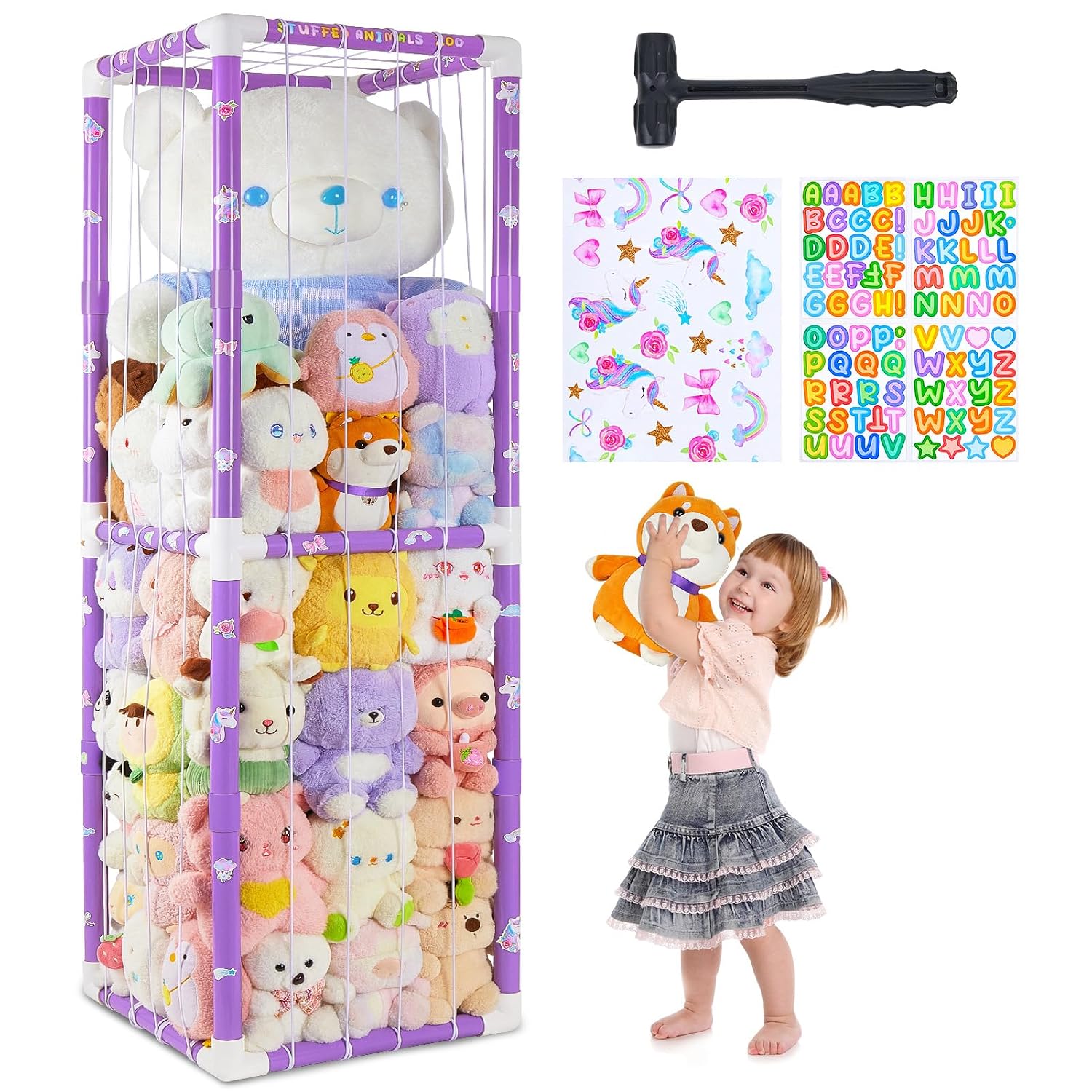 FIOBEE Stuffed Animals Storage Zoo Thicken PVC Tube Toy Organizer with Elastic Band Large Stuffed Animals Holder for Nursery Playroom Bedroom Room Furniture Plush Storage, Purple