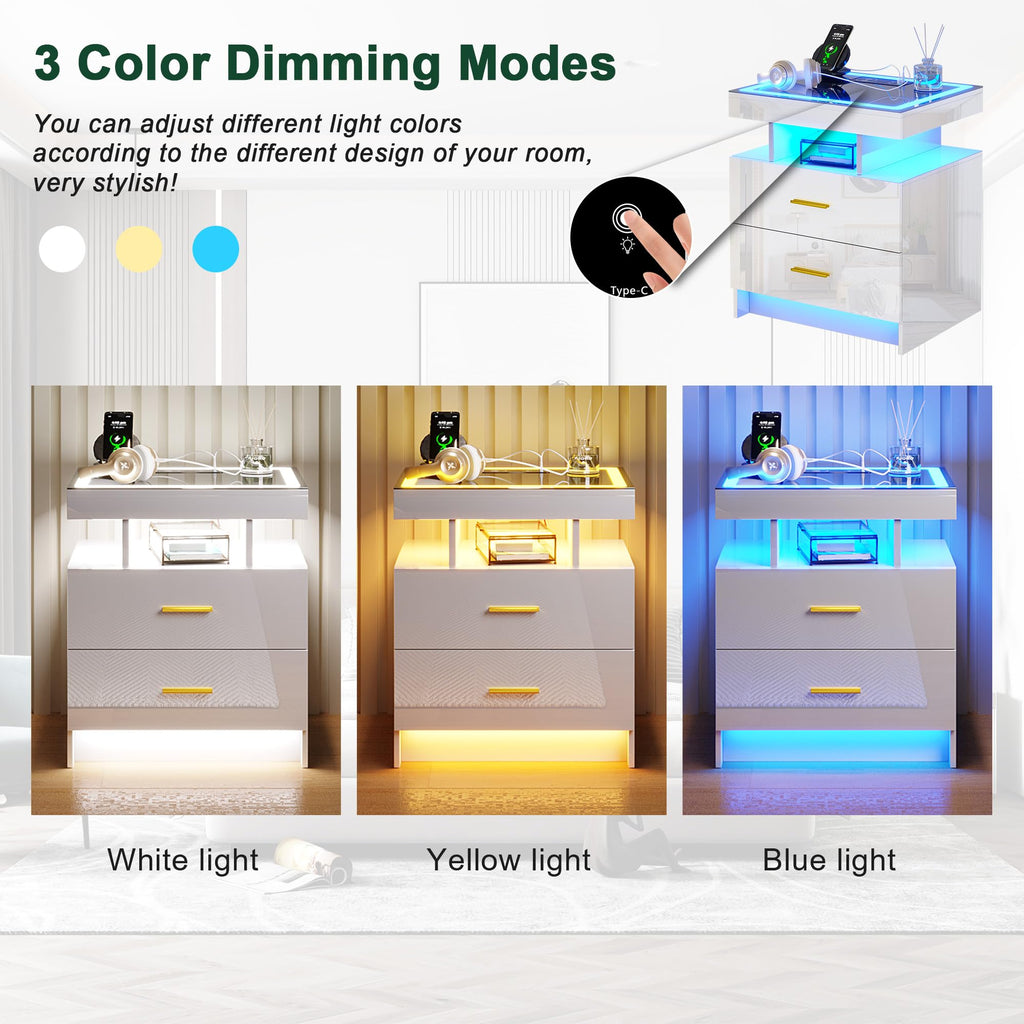 HNEBC LED Nightstand with Charging Station,Smart Bedside Table with Motion Sensor Lights,3 Drawers,Tempered Glass Top,High Gloss End Table with 3 Color Lights for Bedroom, Living Room,Office-Black