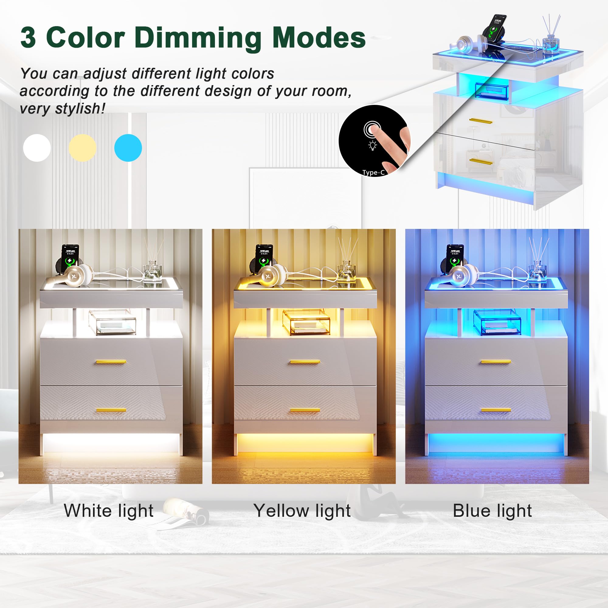HNEBC LED Nightstand with Charging Station,Smart Bedside Table with Motion Sensor Lights,3 Drawers,Tempered Glass Top,High Gloss End Table with 3 Color Lights for Bedroom, Living Room,Office-Black