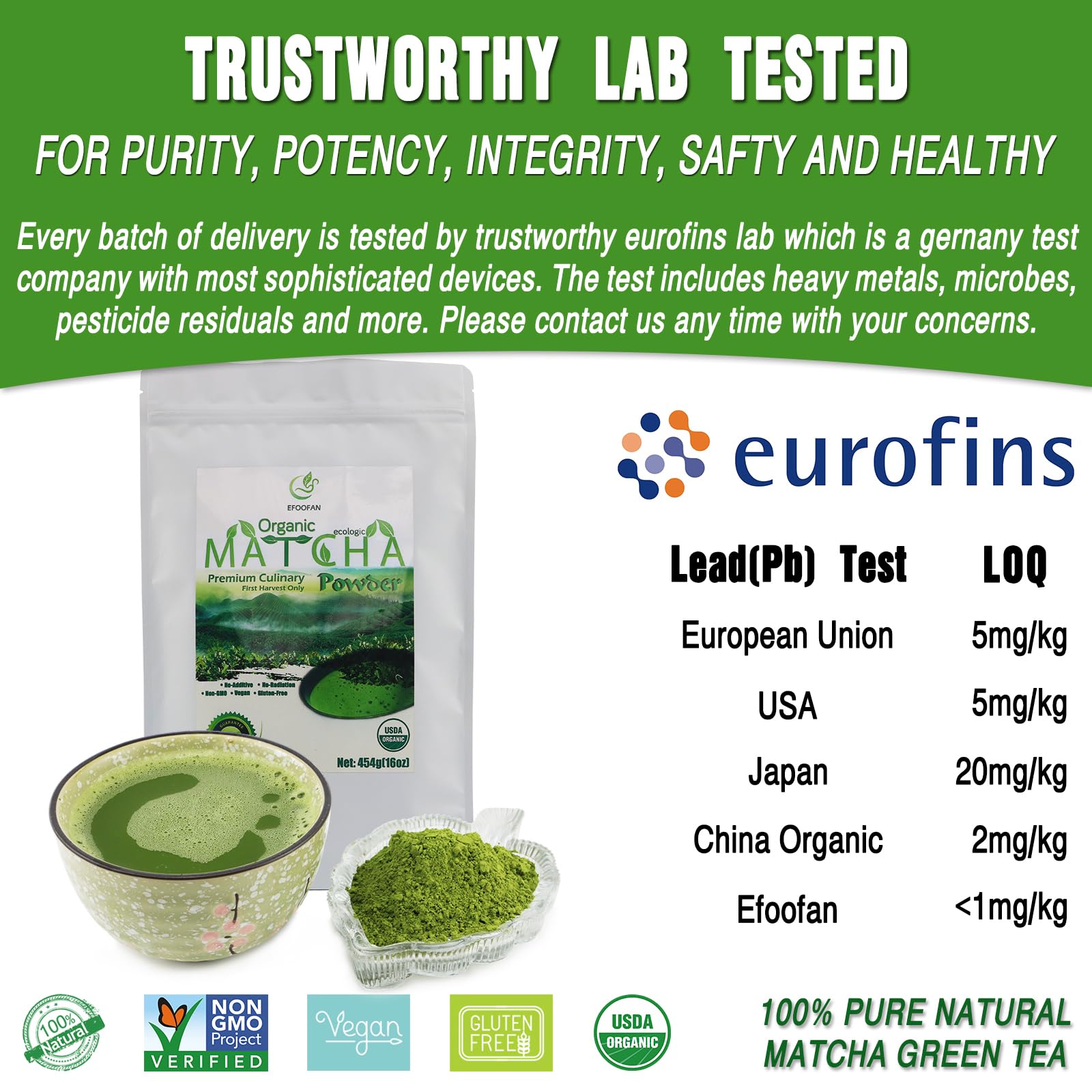 EFOOFAN USDA & COR Certified Organic Ceremonial Grade Matcha Powder – First Harvest Shade-Grown Tencha from Hangzhou, Vibrant Jade Green & Smooth Umami, No Sugar, Ideal for Traditional Tea or Latte (45g Tin)