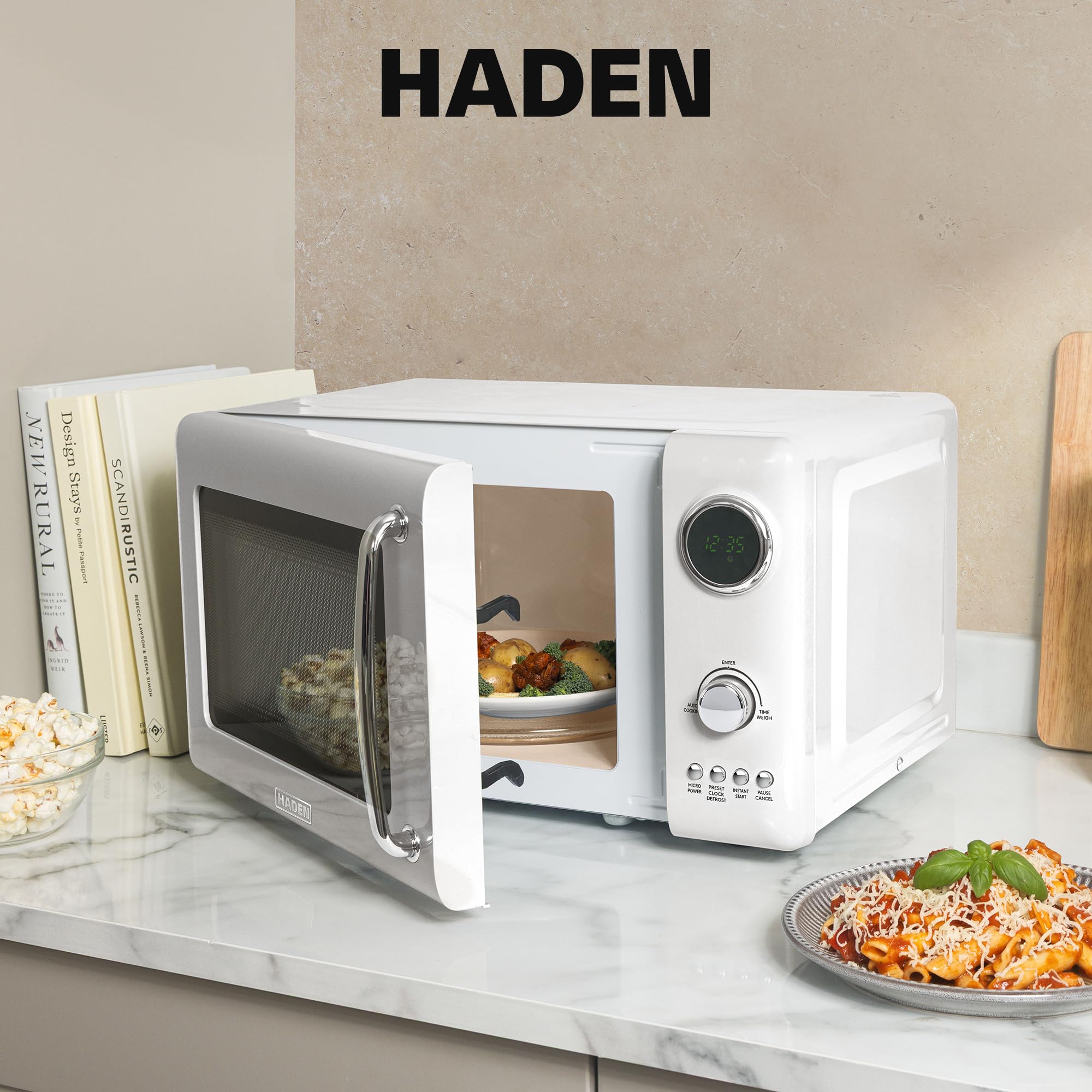 Haden 700 Watt 0.7 Cubic Foot Microwave Oven with Digital Controls, Defrost, and Instant Start Countertop Small Appliance, Ivory/Chrome