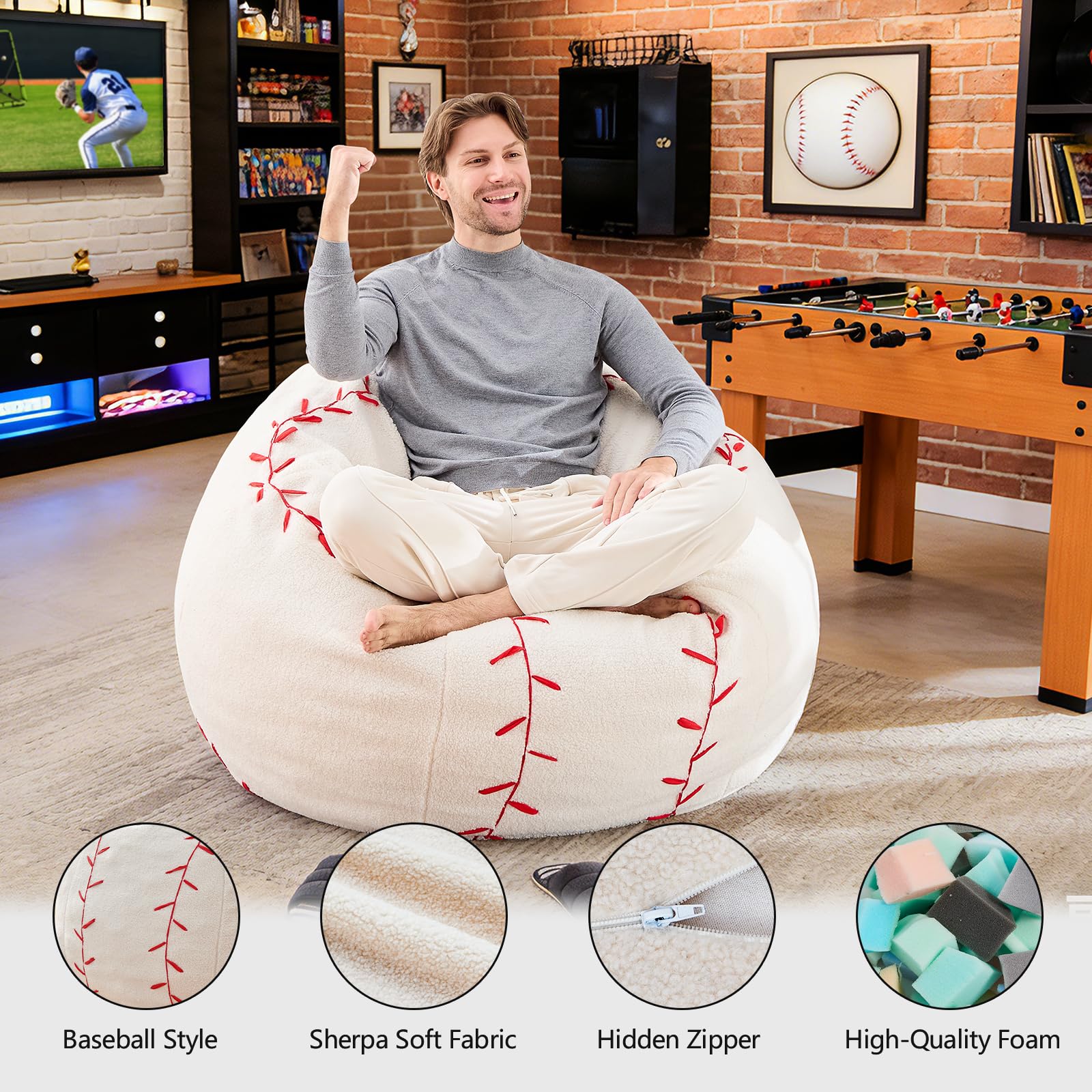 Sports Baseball Bean Bag Chair - Luxurious Bean Bag Chairs for Kids Teens Adults - Floor Sofa Couch with Filler - Plush BeanBag Furniture for Living Room Bedroom College Dorm - 32 Inch