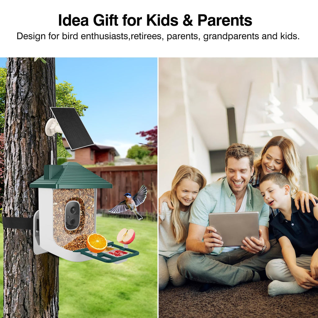 Smart Bird Feeder with Camera,AI Identify Species,Bird House with Solar Powered,Instant Arrival Alerts,2K Capture Video,Live View for Lover (Blackish Green)