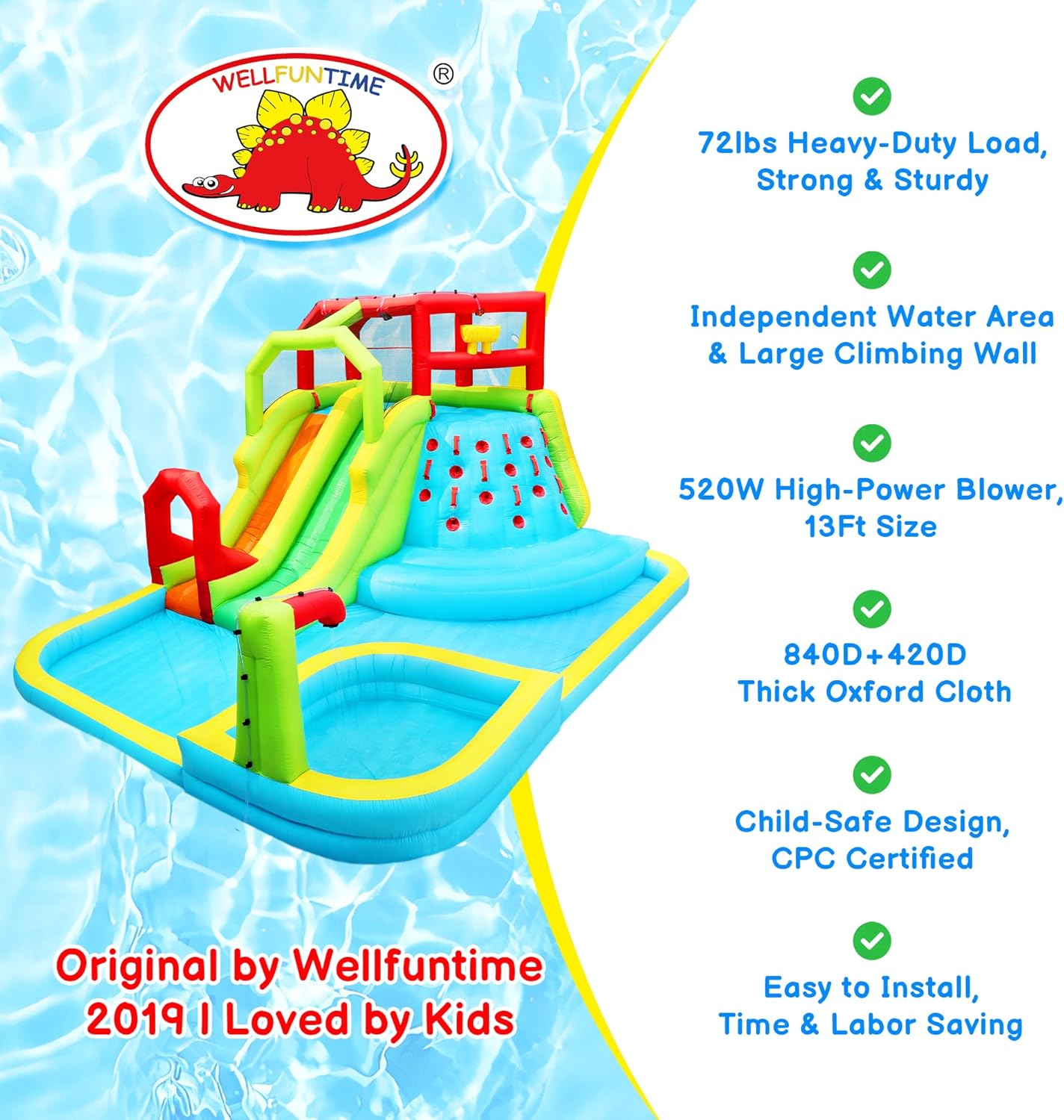 WELLFUNTIME Inflatable Water Slide Park, Bouncy Castle with Deep Pool, 191 x 157.5 x 100 Inch, Jumping Castle with Air Blower