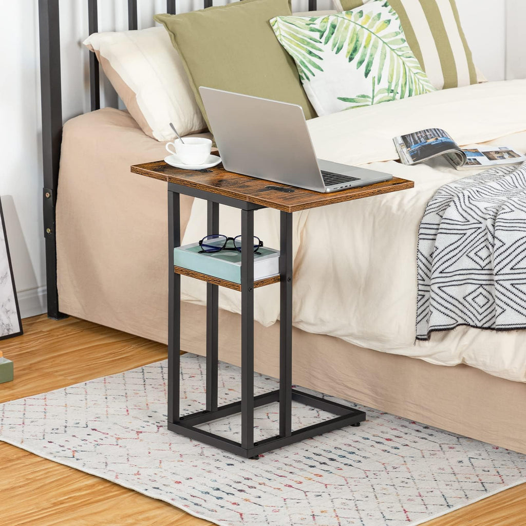 HOOBRO Foldable C Shaped End Table, C Shaped Side Table with Storage Shelf, Small Snack Table, Slide Under Couch Table for Sofa, Living Room Bedroom Small Spaces Easy Assembly, Black BK29SF01