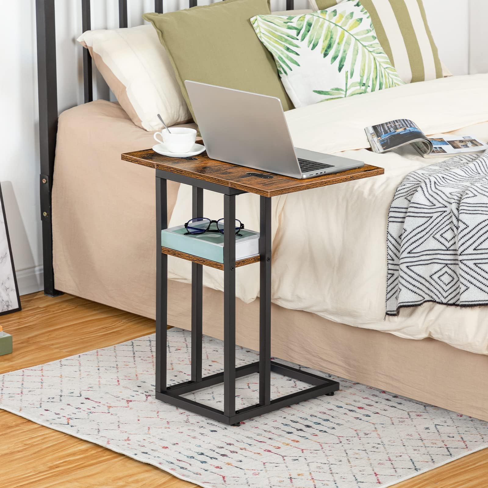 HOOBRO Foldable C Shaped End Table, C Shaped Side Table with Storage Shelf, Small Snack Table, Slide Under Couch Table for Sofa, Living Room Bedroom Small Spaces Easy Assembly, Black BK29SF01