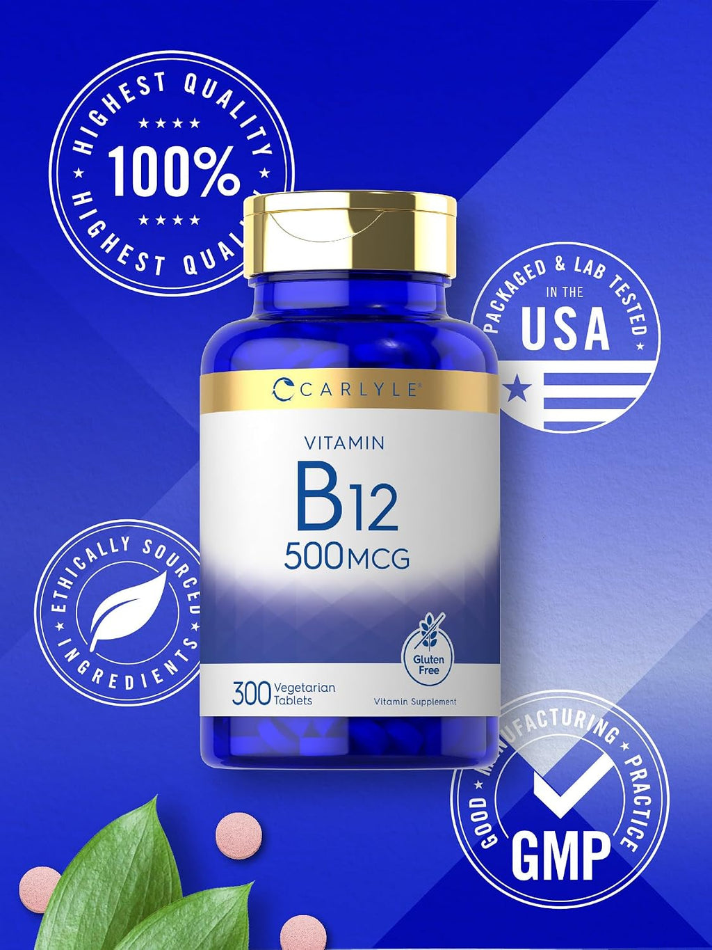 Carlyle Vitamin B-12 500mcg | 300 Tablets | Vegetarian, Non-GMO, Gluten Free Supplement