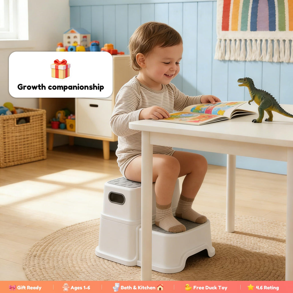UNCLE WU Toddler Step Stool for Potty Training, Bathroom Sink & Toilet - 2 Step Kids Poop Stool, Non-Slip Step Stool with Handles, Dual Height Stepping Stool for Kitchen Counter (Include 2 Ducks)