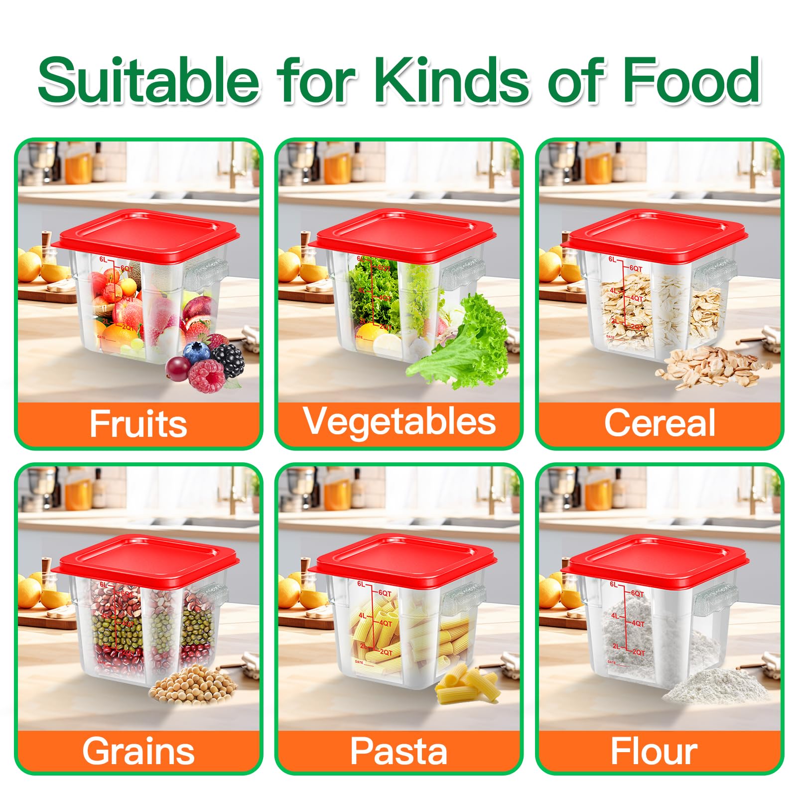 6 pcs 2qt Food Storage Containers with Lid, Square Clear Commercial Storage Containers with Handle and Scale for Food Storage in Home Kitchen & Dining (Green)