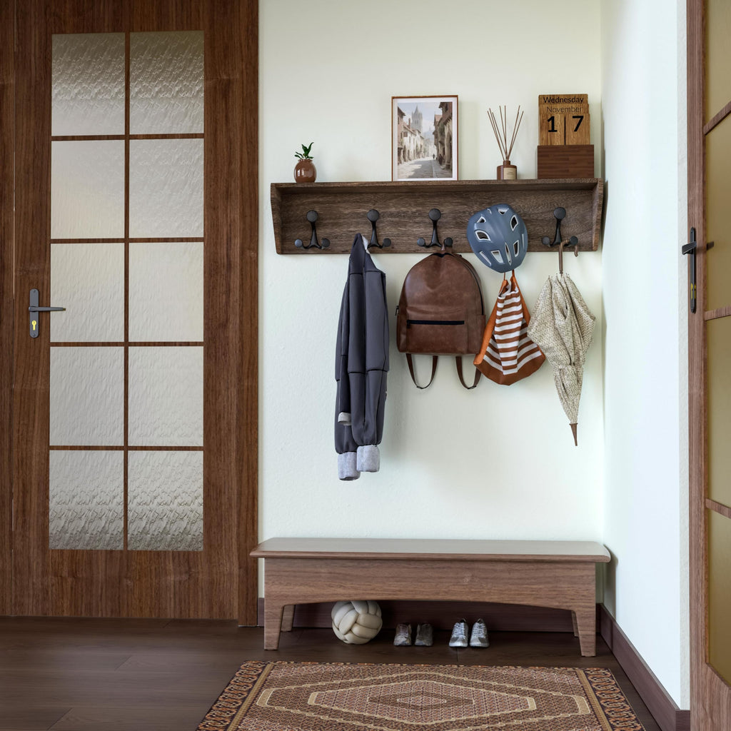 SKOLOO Wall Shelf with Hooks, 24-Inch Cherry Coat Rack Wall Mount with Shelf Organizer - Heavy Duty, 4 Tri Hooks - Perfect for Entryway, Hallway, Living Room, Bedroom, Mudroom
