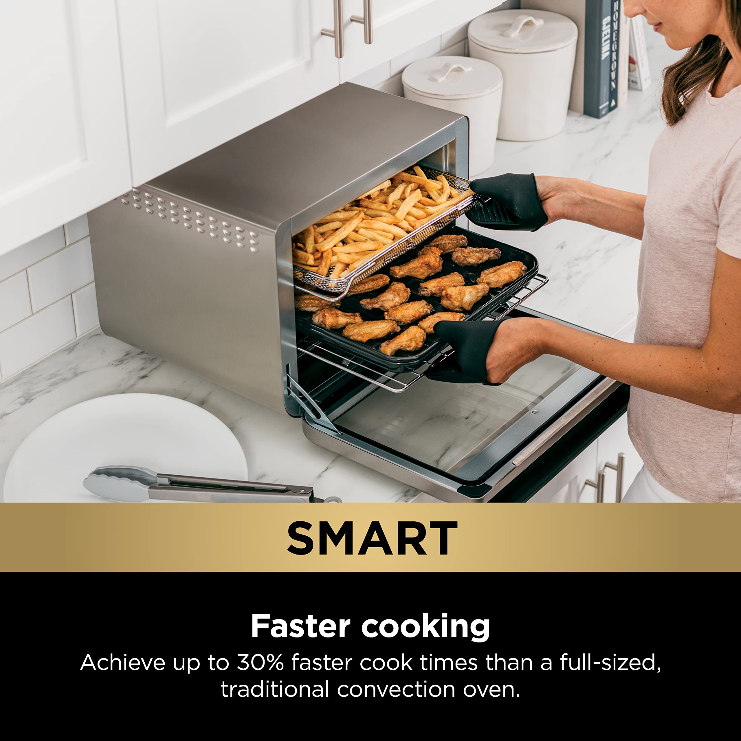 Ninja DT251 Foodi 10-in-1 Smart XL Air Fry Oven, Bake, Broil, Toast, Air Fry, Roast, Digital Toaster, Smart Thermometer, True Surround Convection up to 450°F, includes 6 trays & Recipe Guide, Silver