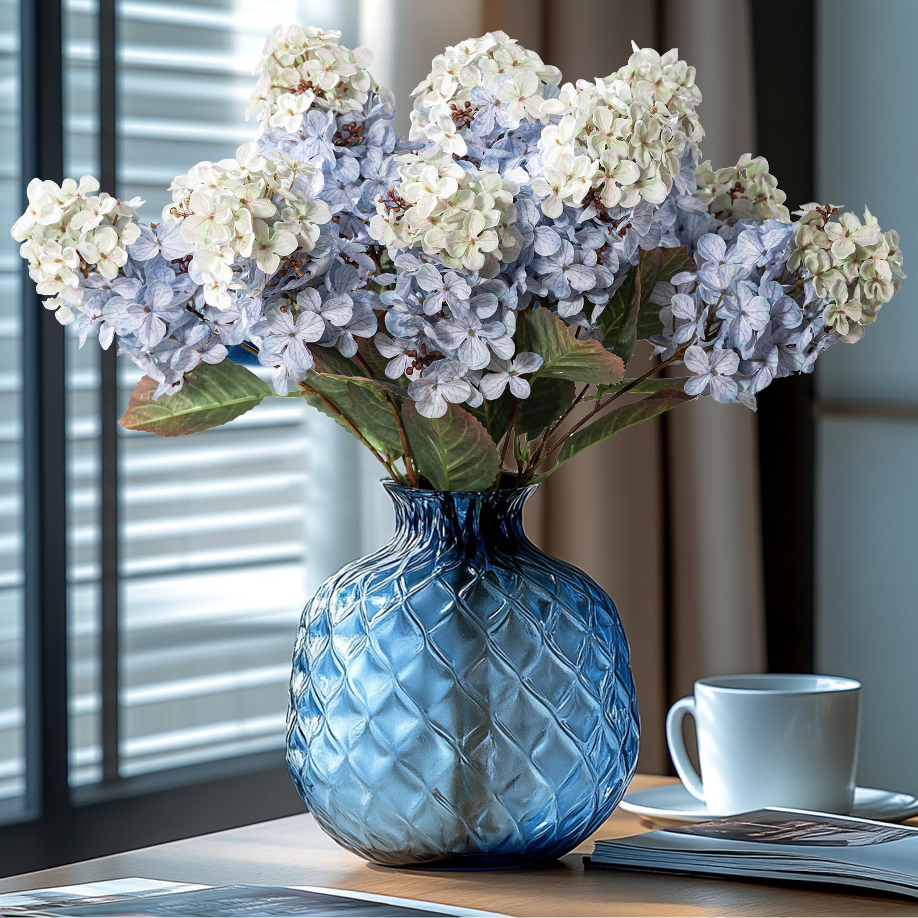 Ttranewsoo Hydrangea Artificial Flowers,Fall Hydrangeas Artificial Flowers,Blue Fake Fall Dried Hydrangea Flowers Decoration,Faux Silk Flower with Stems Winter Decor(Blue 24" 8pcs) Without Vase
