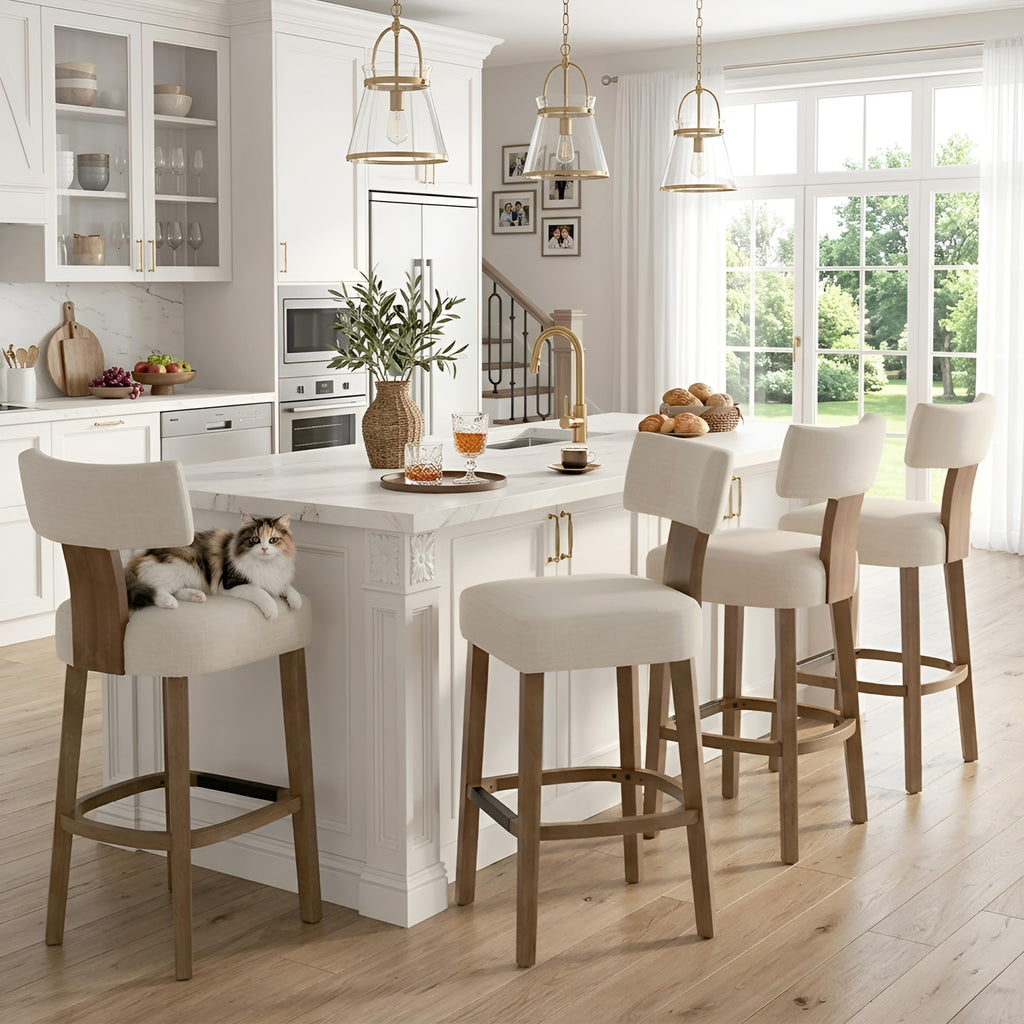 Farmhouse 30'' Extra Tall Bar Stools Set of 2 Modern Counter Height Barstools with Backs Rustic Wood Bar Stools Linen Upholstered Counter Chairs Kitchen Island Stool Chairs with Wood Frame, Beige