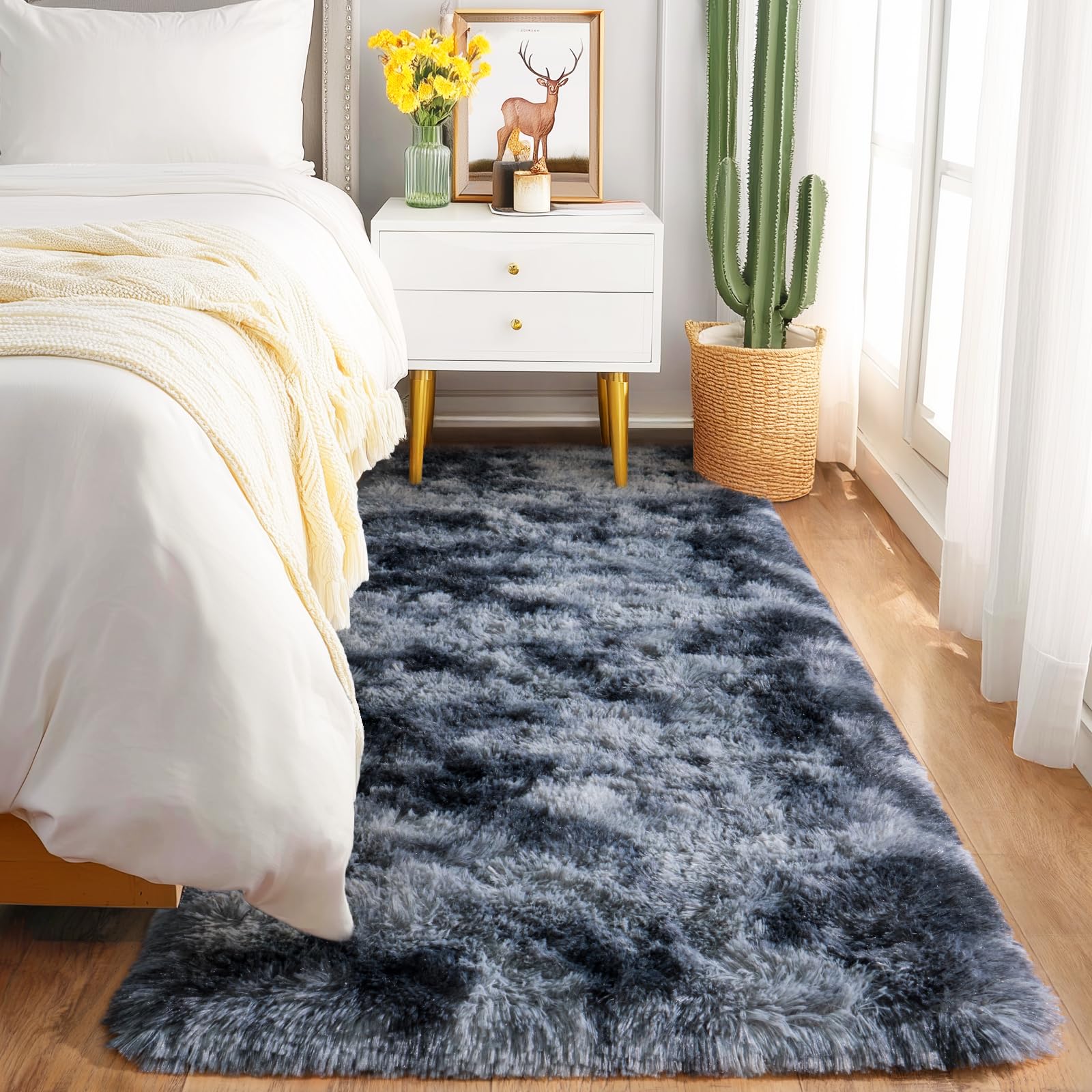 Awaytail Fluffy Rug Washable 2x3 Feet, Pure Black Desk Chair Rug Non-Slip, Super Soft Kids Rug for Boys Nursery Dorm Decor