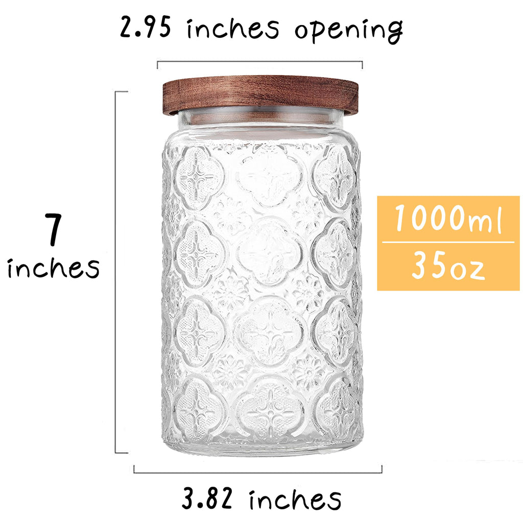 Custde Glass Storage Jars With Airtight Lid, 23.7oz Container For Kitchen Counter with Wooden Lid, brown sugar, candy, coffee, cookie, salt, tea, cute Jar (35oz Large Begonia Flowers)