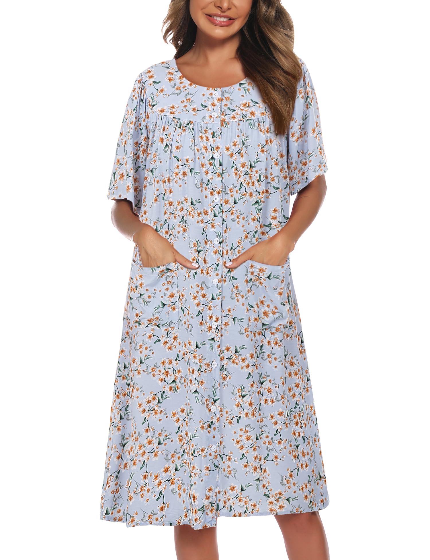 COSUNIONY House Dresses for Women Cotton Short Sleeve House Coat Buttons Down Dusters Robe with Pockets S-XXL