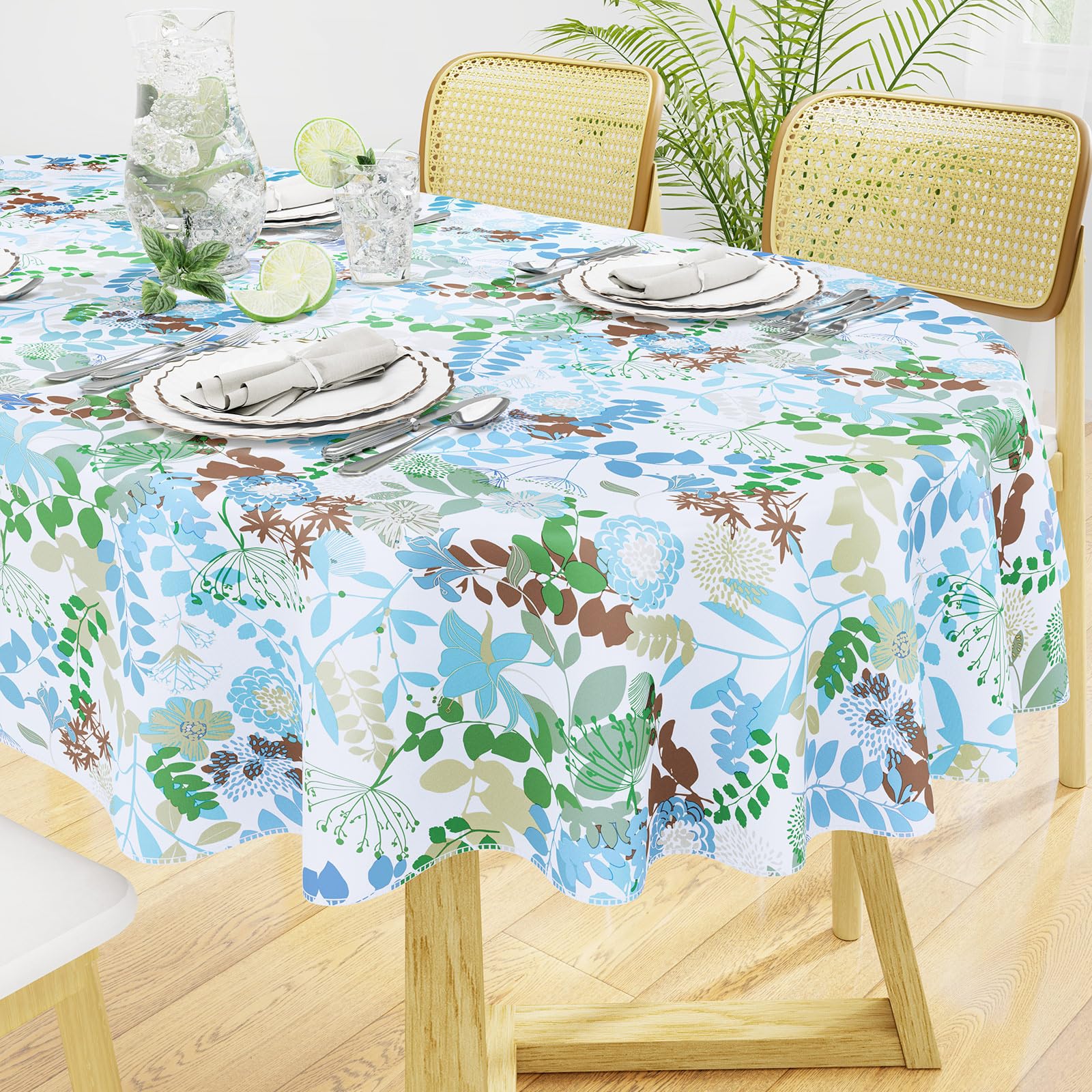 misaya Square Waterproof Vinyl Table Cloth, Wipeable Tablecloth with Flannel Backing, Plastic Table Cover for Dinner, Picnic, Indoor and Outdoor (Blue Leaves, 54" x 54")