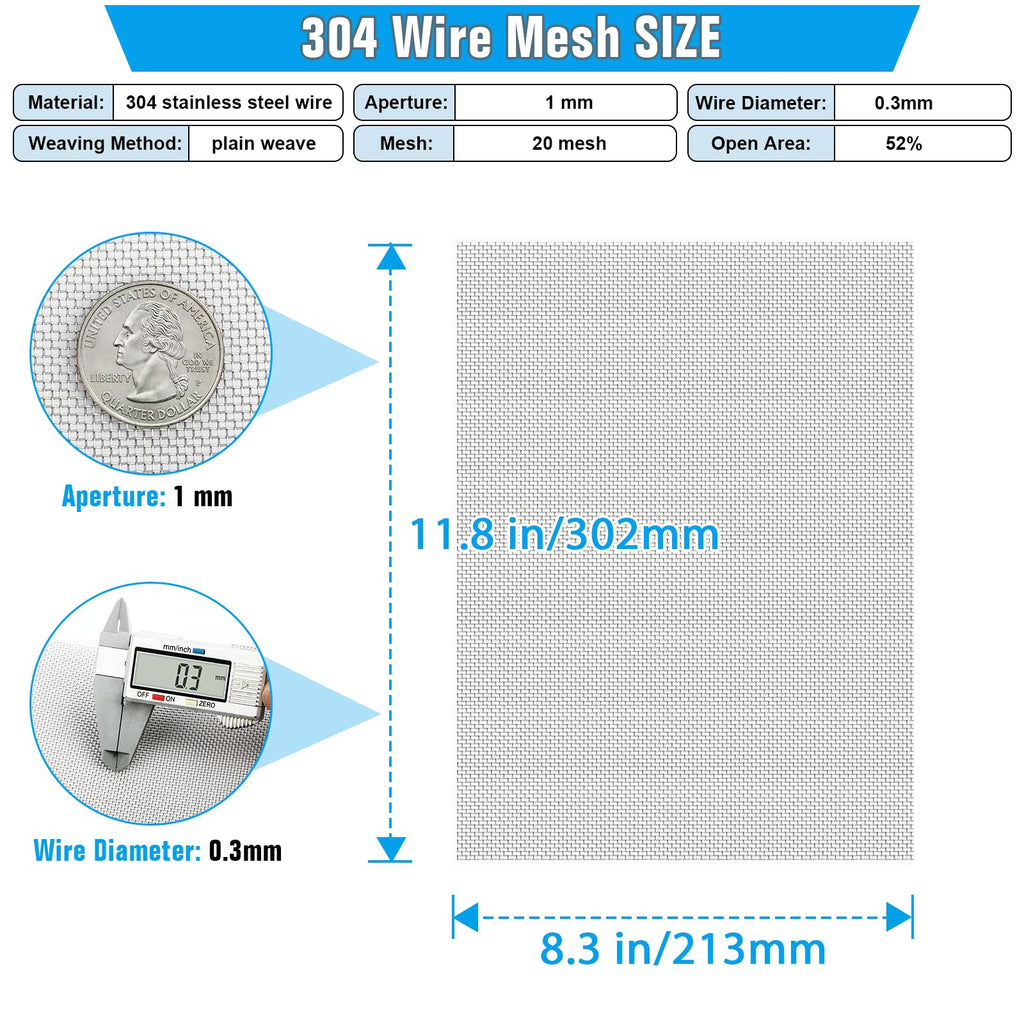 Valchoose Soft 304 Stainless Steel Mesh, 8 Pack Bendable Woven 8.3"X11.8"(213X302mm), 20 Mesh Non-Rusting, Wire Mesh Easy to Work, Non-Corrosive for DIY, Vent, Cage, Garden, Window (Plain Weave)