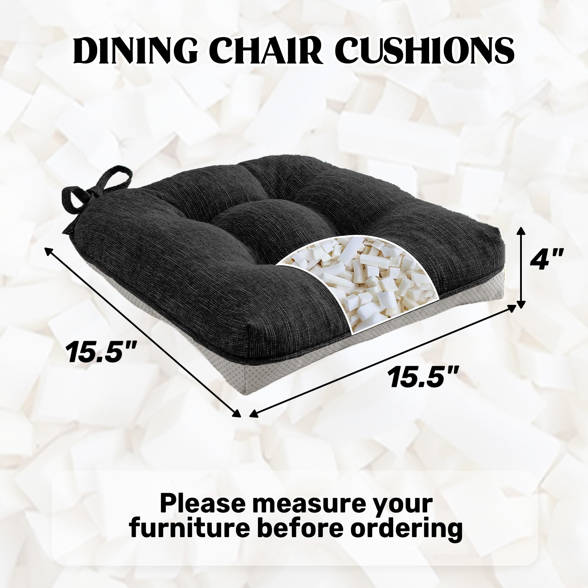 puredown® Chair Cushions for Dining Chairs, Tufted Memory Foam Chair Pads with Non-Slip Backing, Kitchen Seat Cushions with Ties, Washable Seat Pad Set of 4, 15.5" x 15.5" x 4", Light Grey